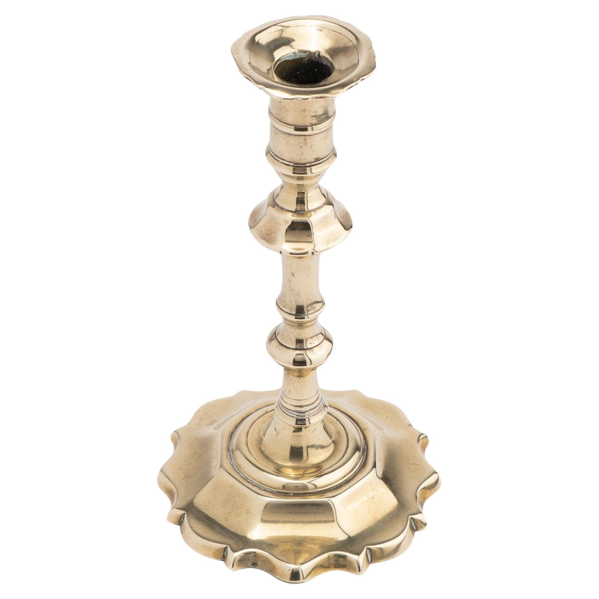 English cast brass Queen Anne candlestick, 1750 For Sale