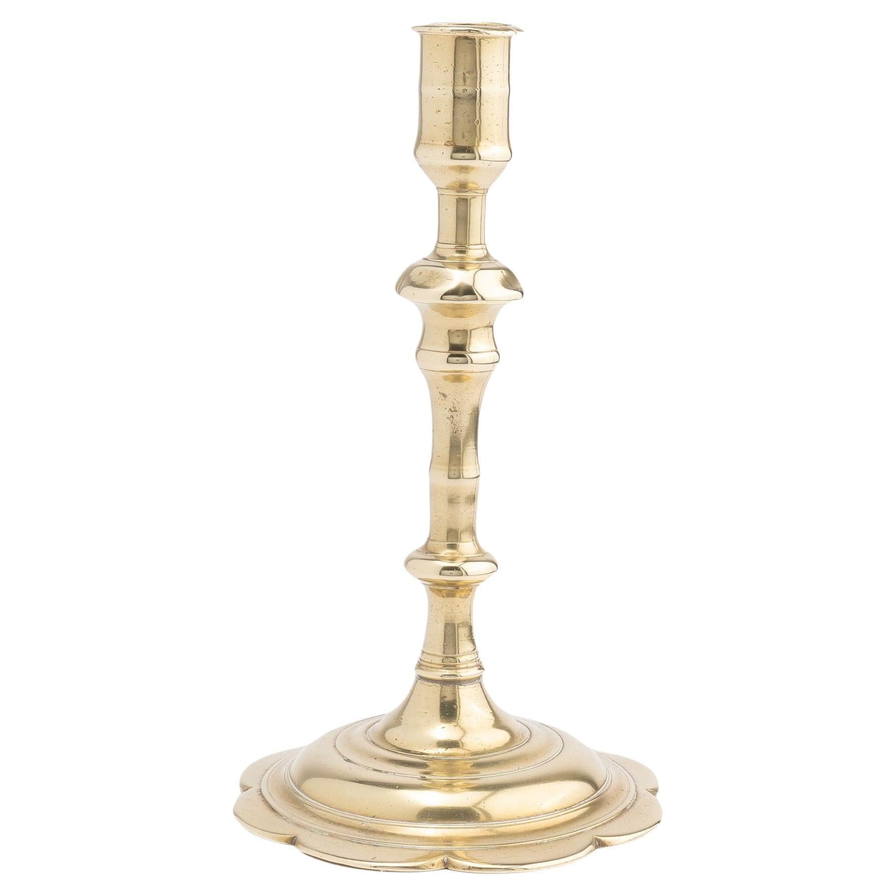 English cast brass Queen Anne candlestick with candle cup, 1760-70 For Sale