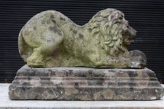 English Cast Stone Recumbent Lion on Stepped Plinth, Mid to Late 19th Century