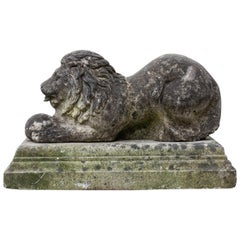English Cast Stone Recumbent Lion on Stepped Plinth, Mid to Late 19th Century