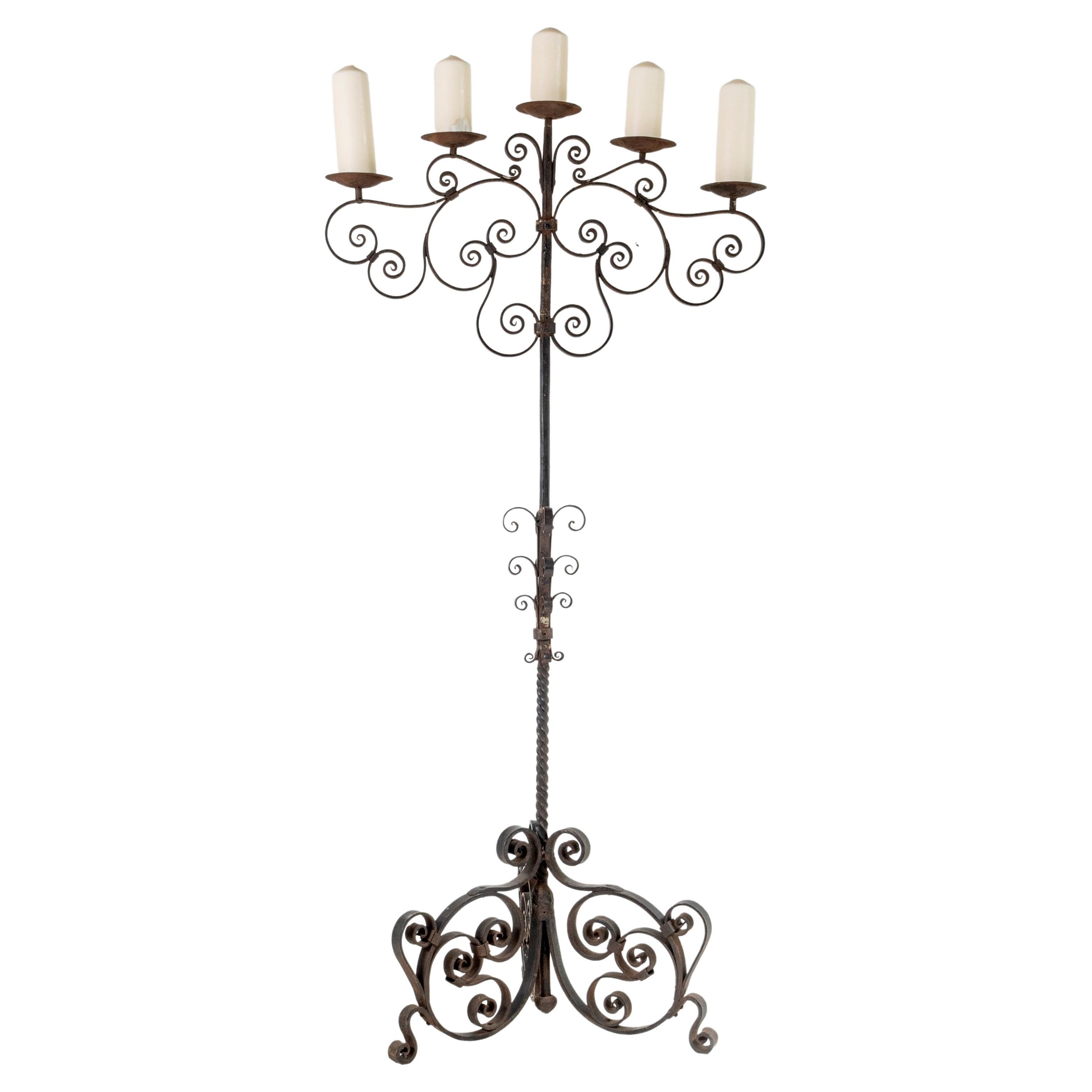 English Castle Candelabra Large Scale Heavy Wrought Iron Pricket Candle Tree For Sale