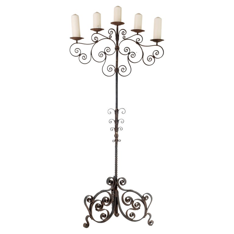 English Castle Candelabra Large Scale Heavy Wrought Iron Pricket Candle