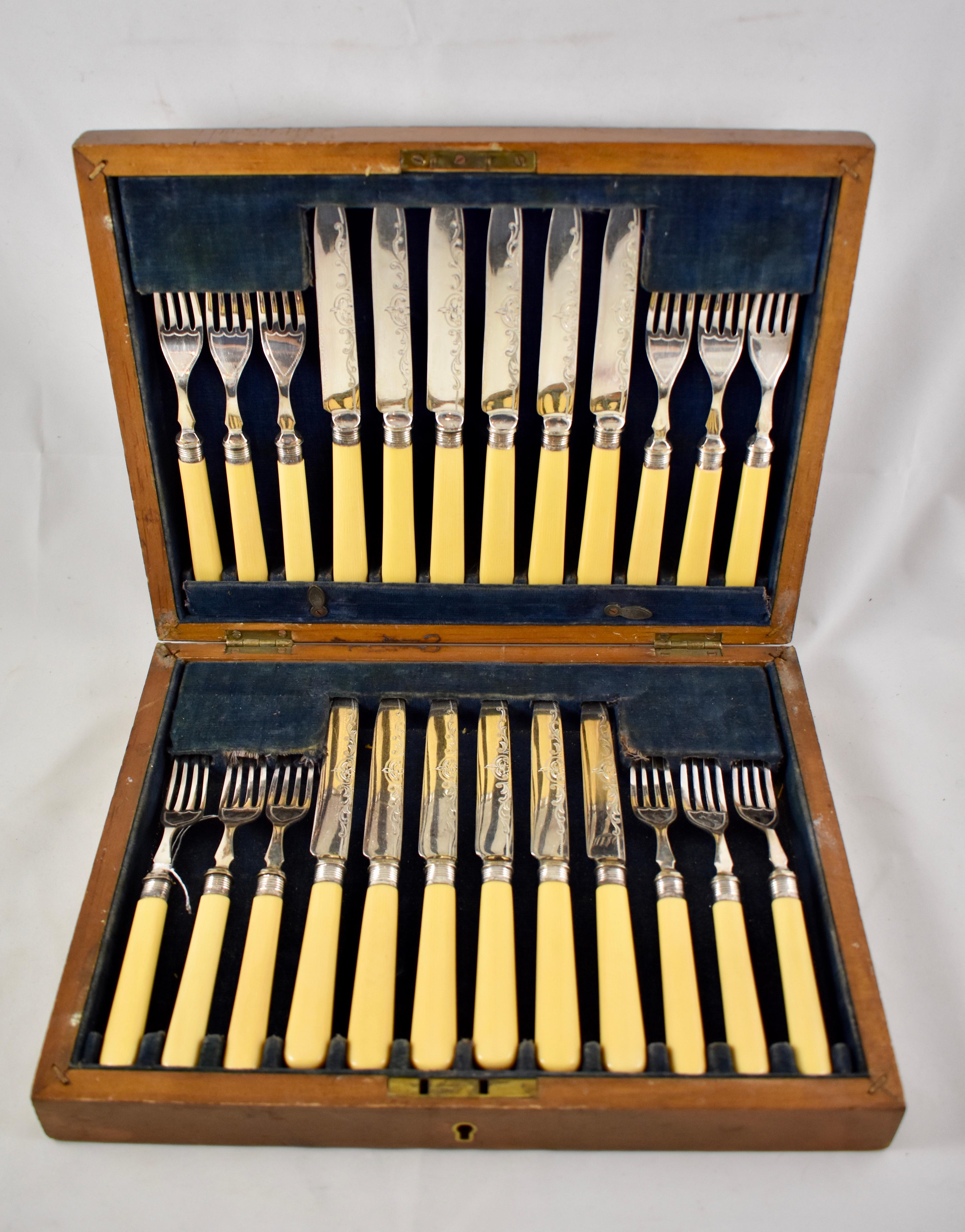 Belle Époque English Celluloid and Engraved Silver Dessert Flatware Cased Set, Service for 12