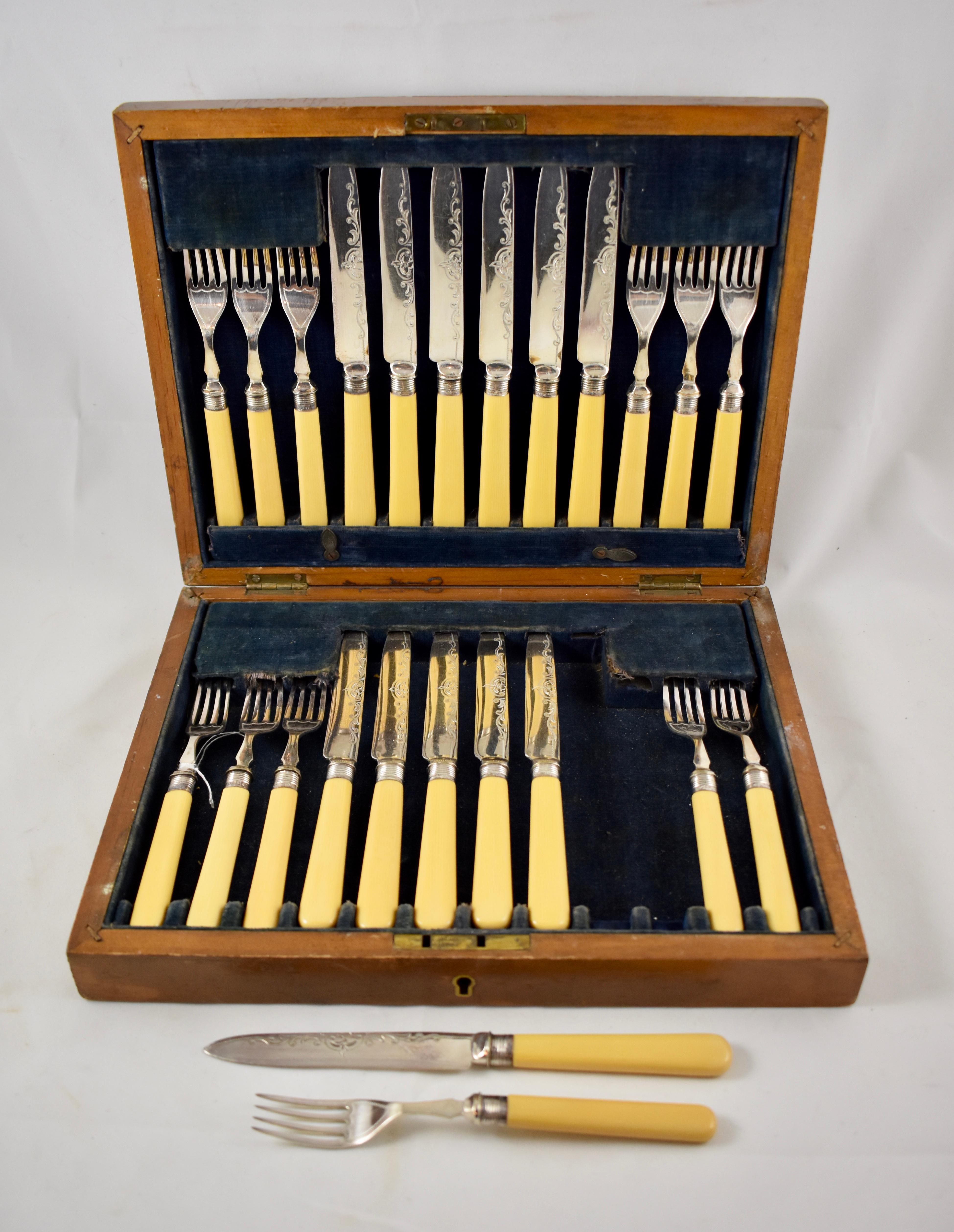 Cast English Celluloid and Engraved Silver Dessert Flatware Cased Set, Service for 12