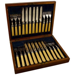 Antique English Celluloid and Engraved Silver Dessert Flatware Cased Set, Service for 12