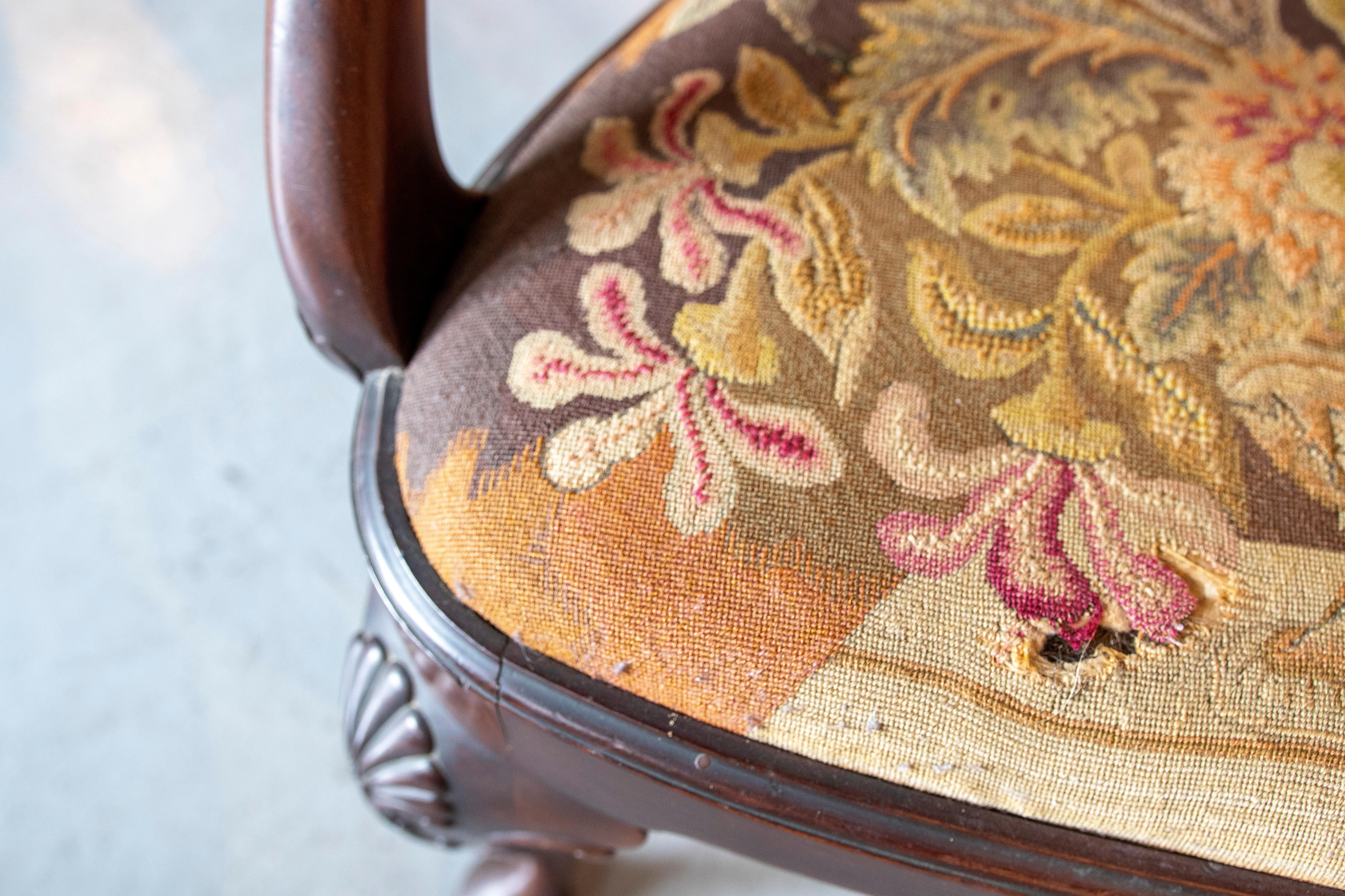 English Chair with Mahogany Armrests and Petit Poisa Embroidered Seat For Sale 13