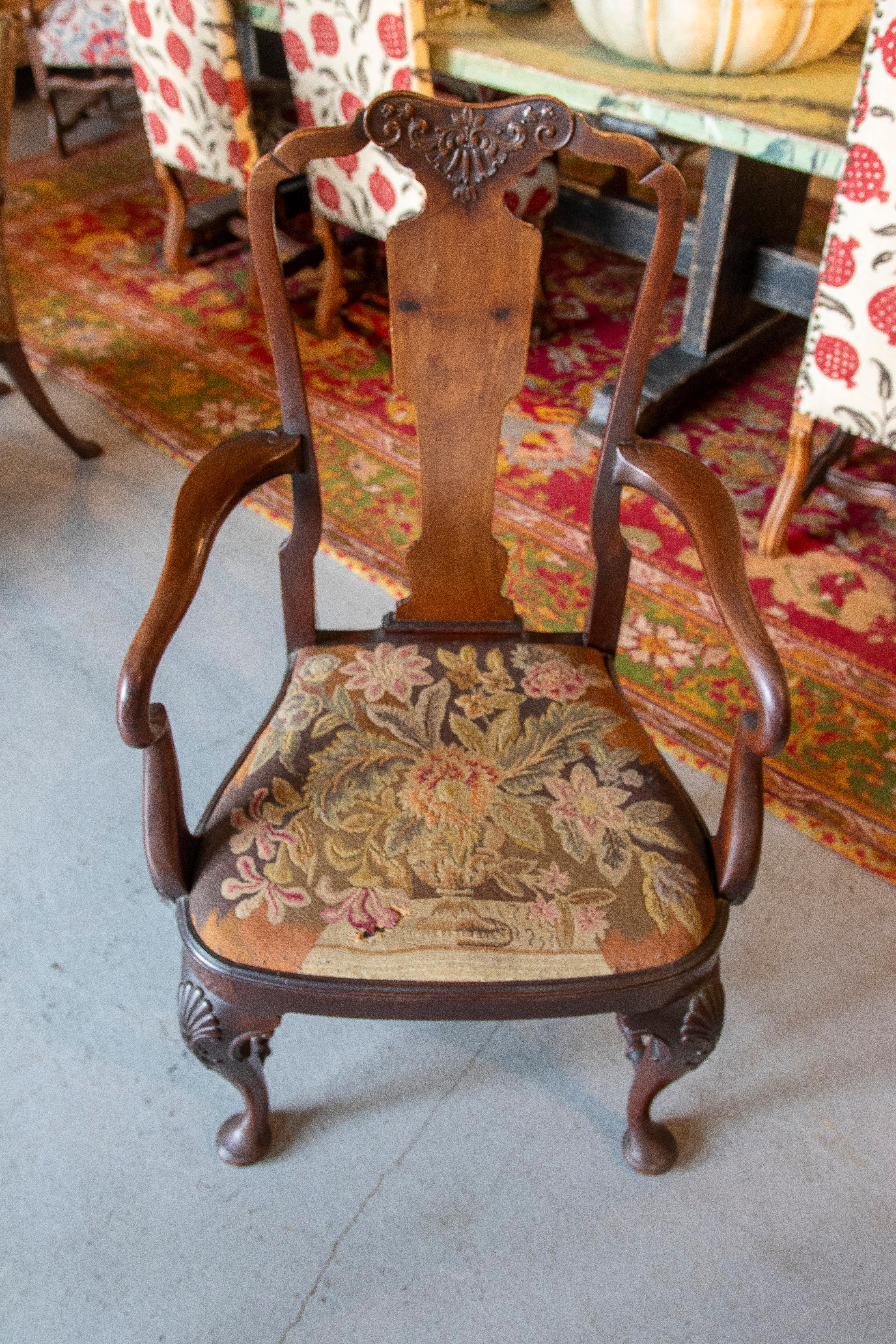 English Chair with Mahogany Armrests and Petit Poisa Embroidered Seat For Sale 14
