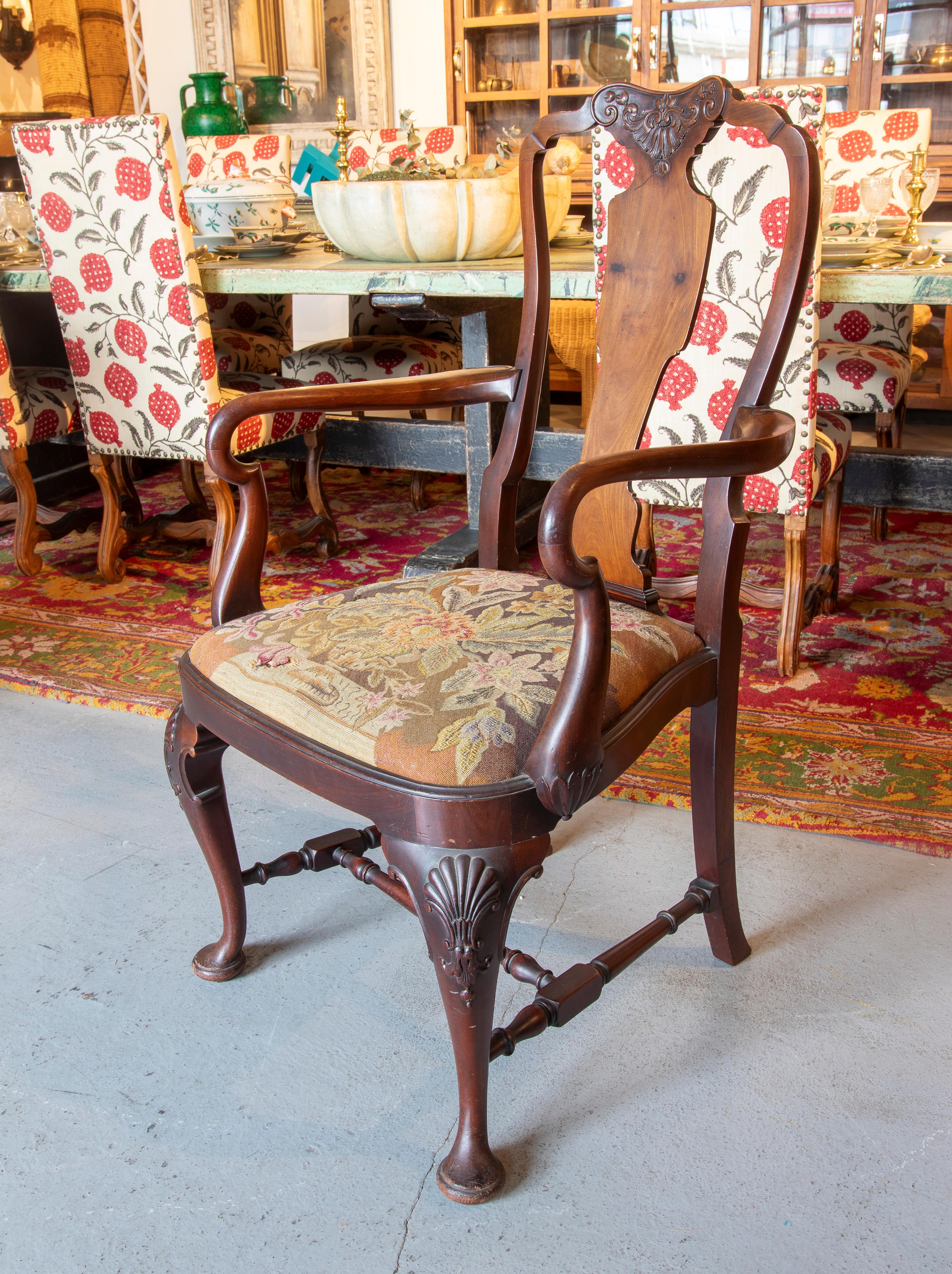 19th Century English Chair with Mahogany Armrests and Petit Poisa Embroidered Seat For Sale