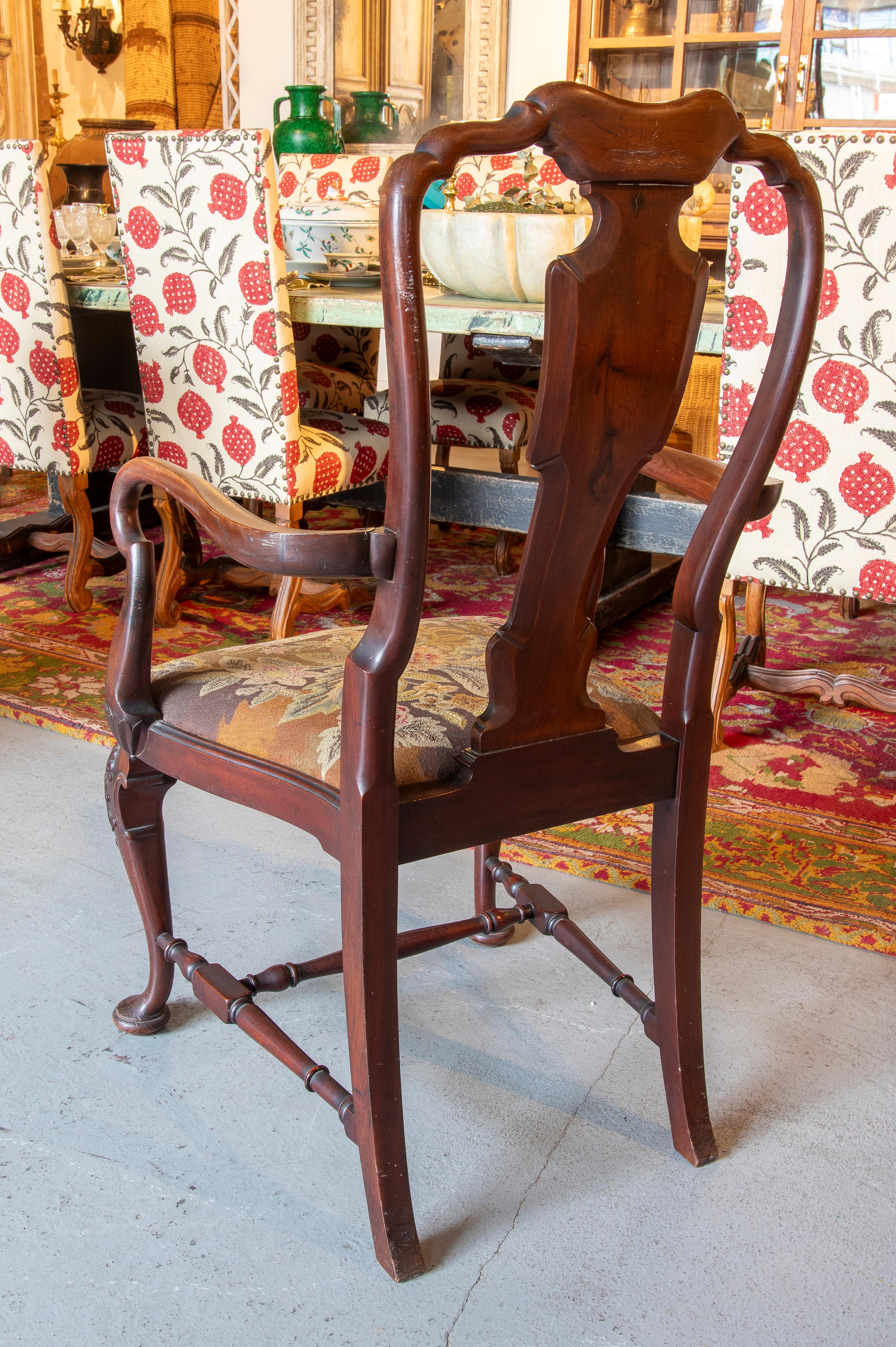 English Chair with Mahogany Armrests and Petit Poisa Embroidered Seat For Sale 1