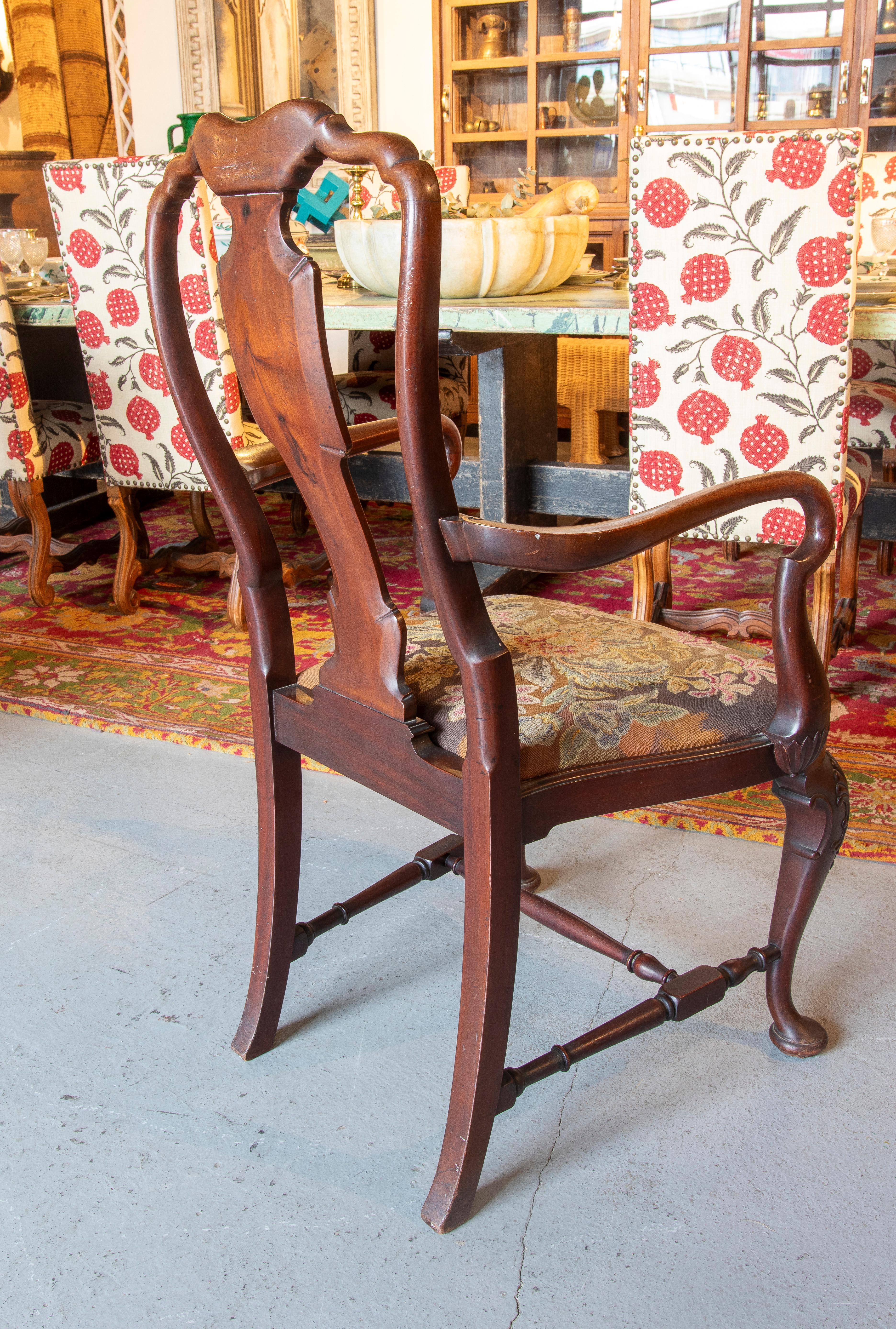 English Chair with Mahogany Armrests and Petit Poisa Embroidered Seat For Sale 2