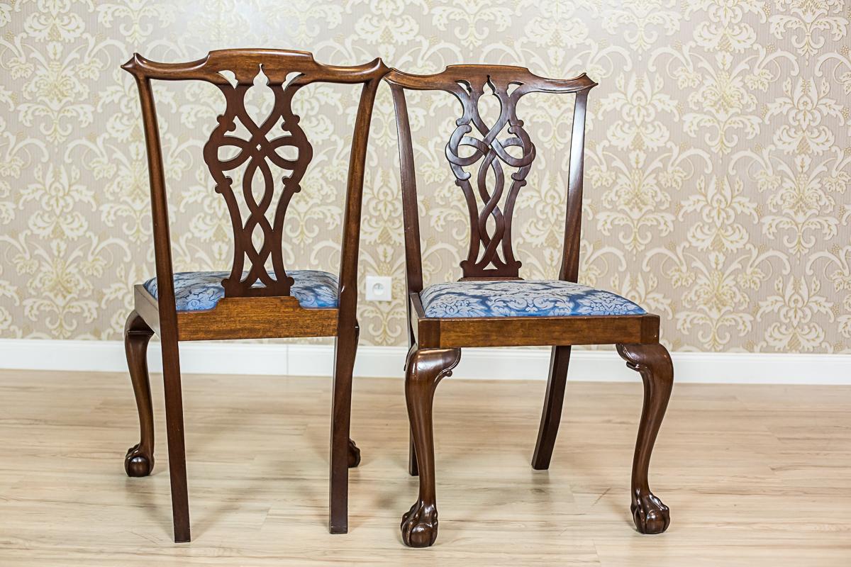 We present you four chairs from the early 20th century, which shape refers to the 18th century Furniture in the Chippendale style.
The chairs have bent frontal legs that are finished with spheres in the bird talons.
The splats of the backrests are
