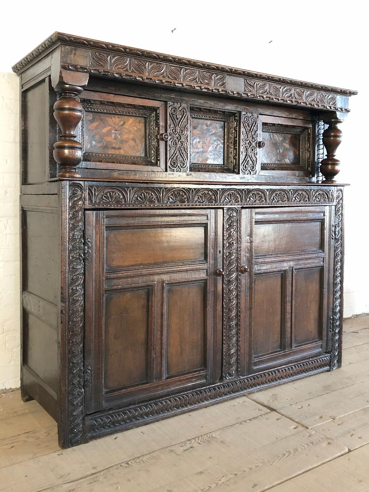 Jacobean English Charles I 17th Century Oak and Inlaid Court Cupboard For Sale