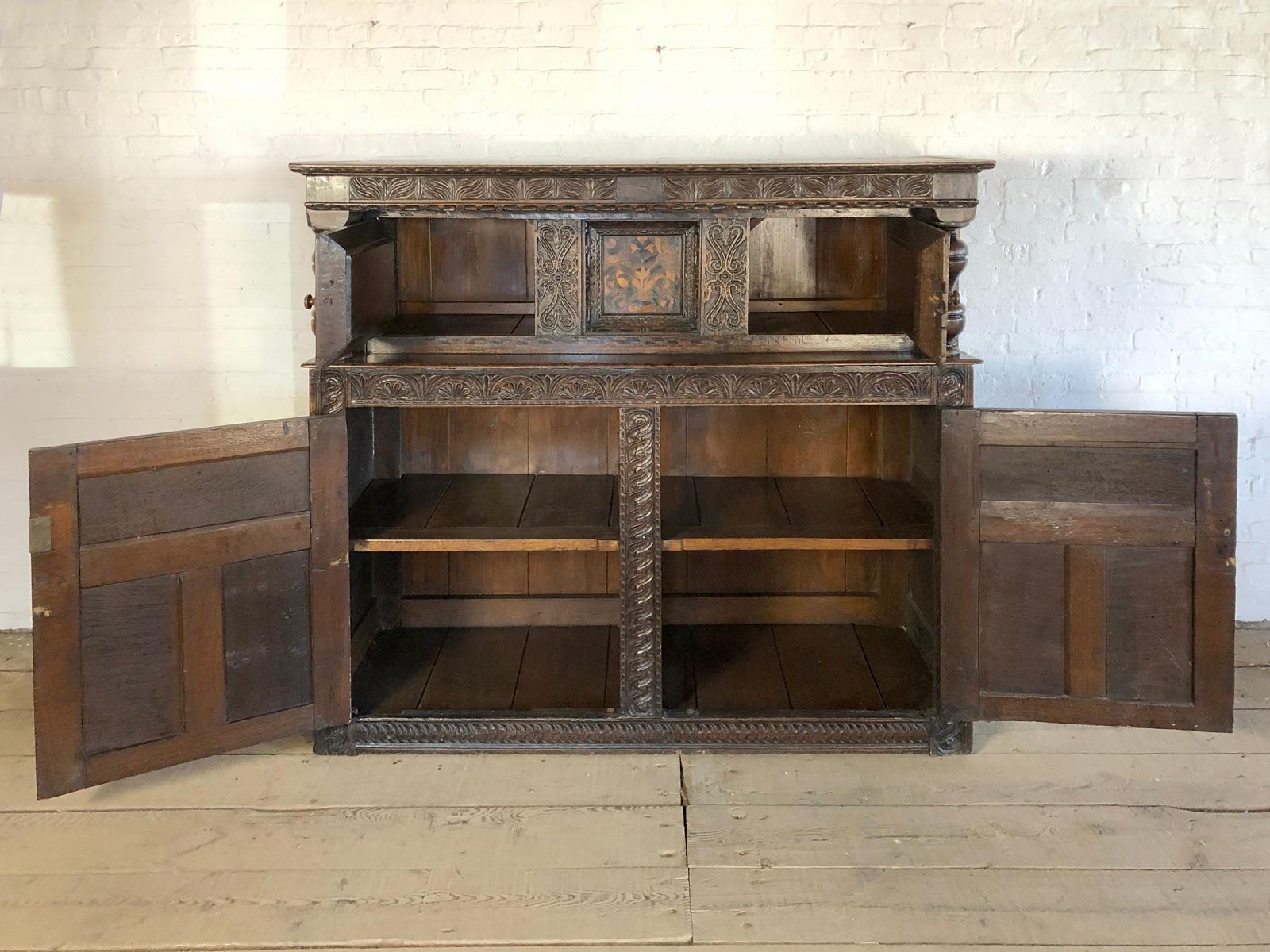 Wood English Charles I 17th Century Oak and Inlaid Court Cupboard For Sale