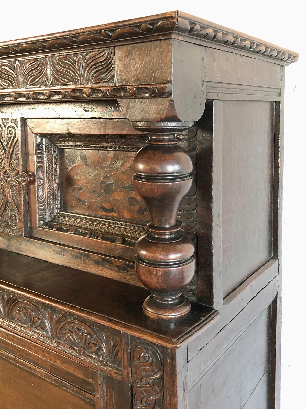 English Charles I 17th Century Oak and Inlaid Court Cupboard For Sale 1