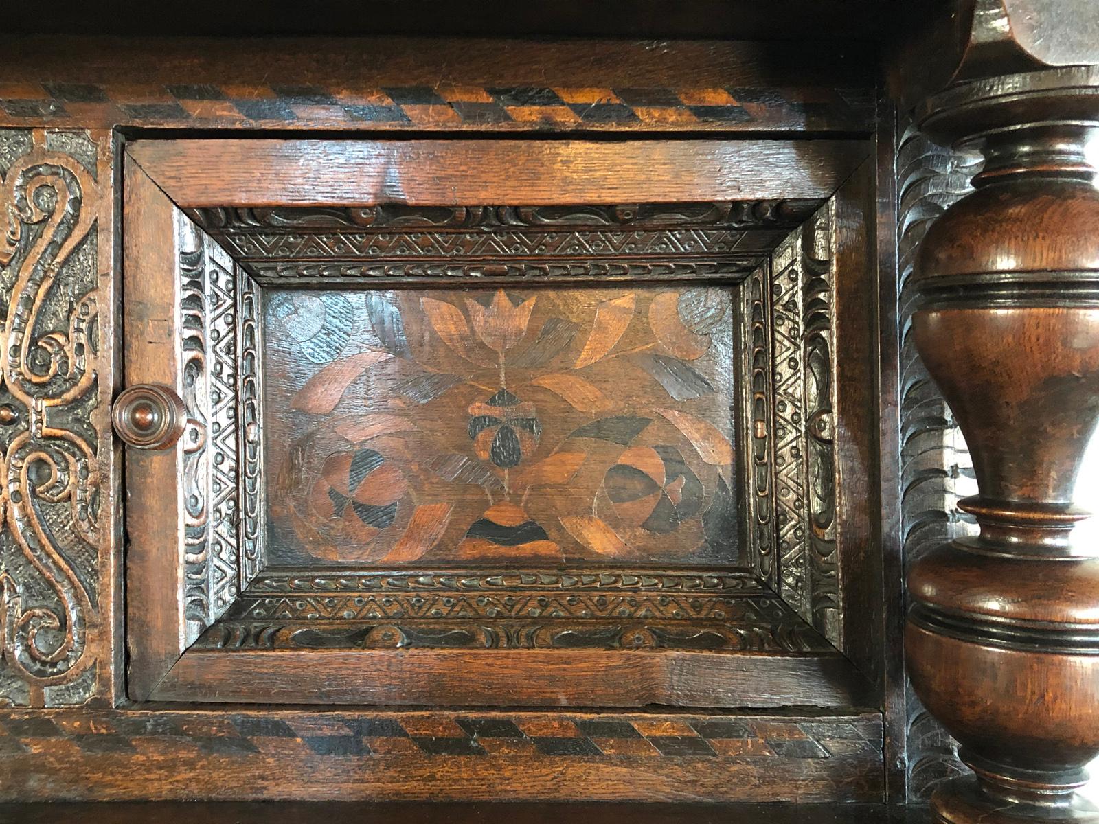 English Charles I 17th Century Oak and Inlaid Court Cupboard For Sale 2