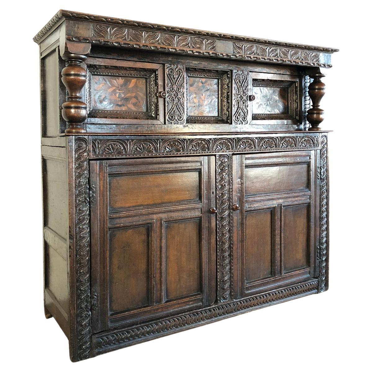 English Charles I 17th Century Oak and Inlaid Court Cupboard For Sale