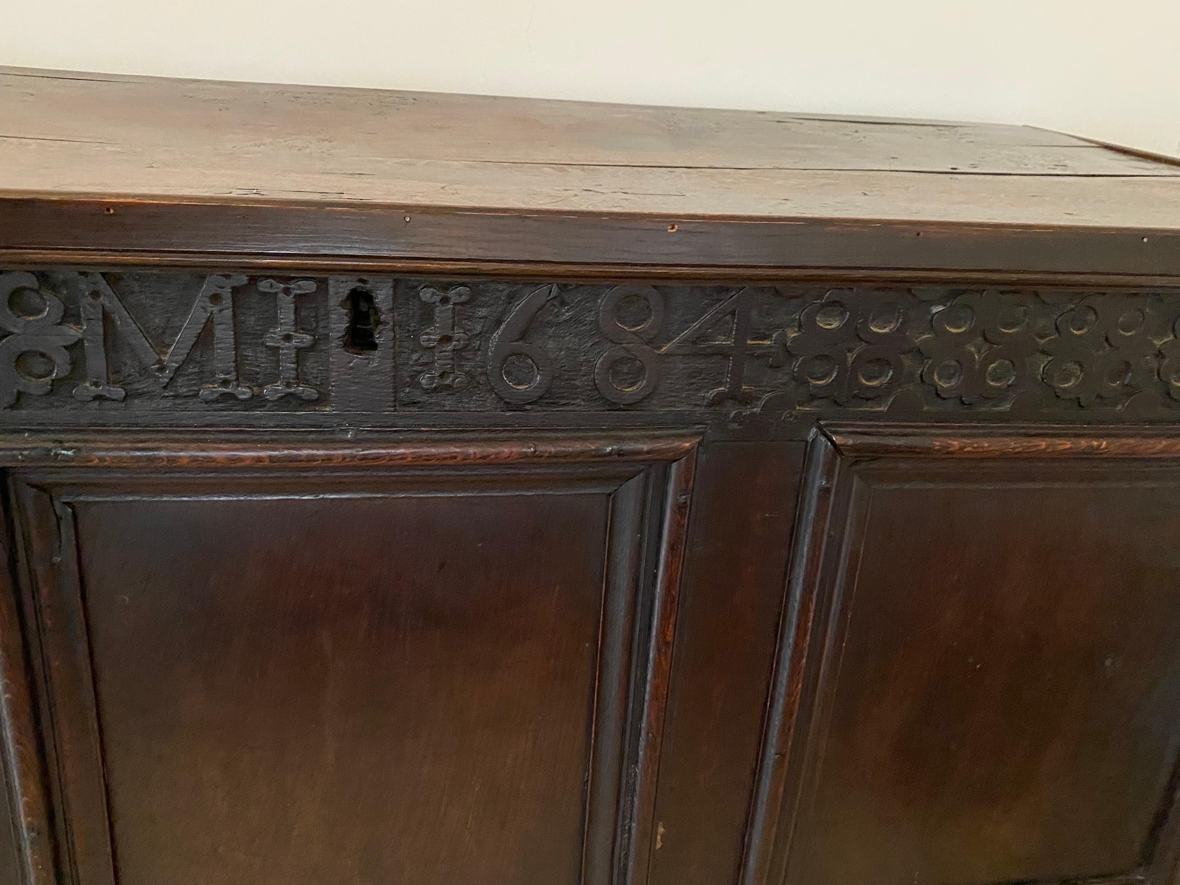 17th Century English Charles II Carved Oak Marriage Coffer, Dated 1684 For Sale