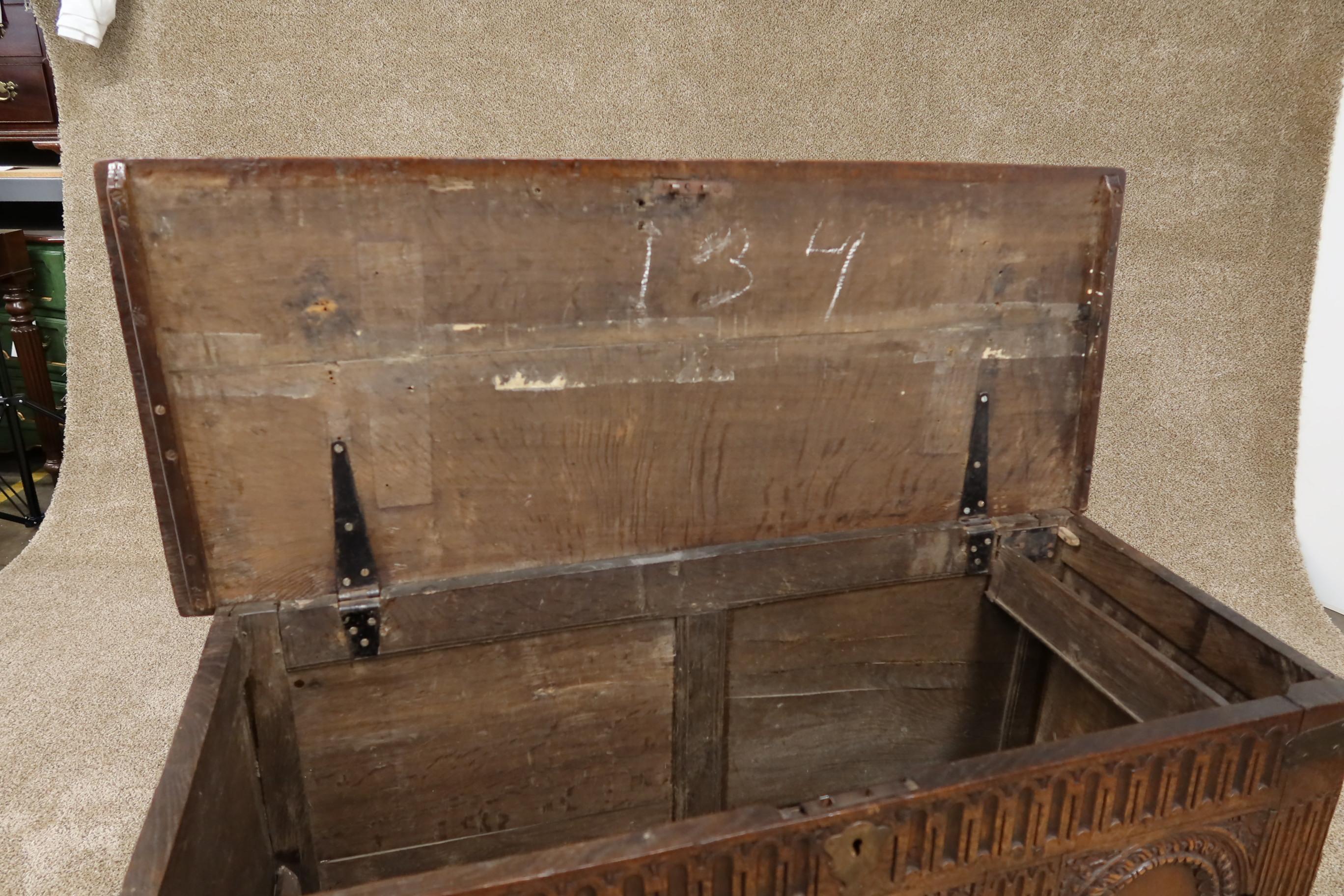 Hand-Crafted English Charles II Oak Coffer with Arcaded Panels, circa 1650 For Sale