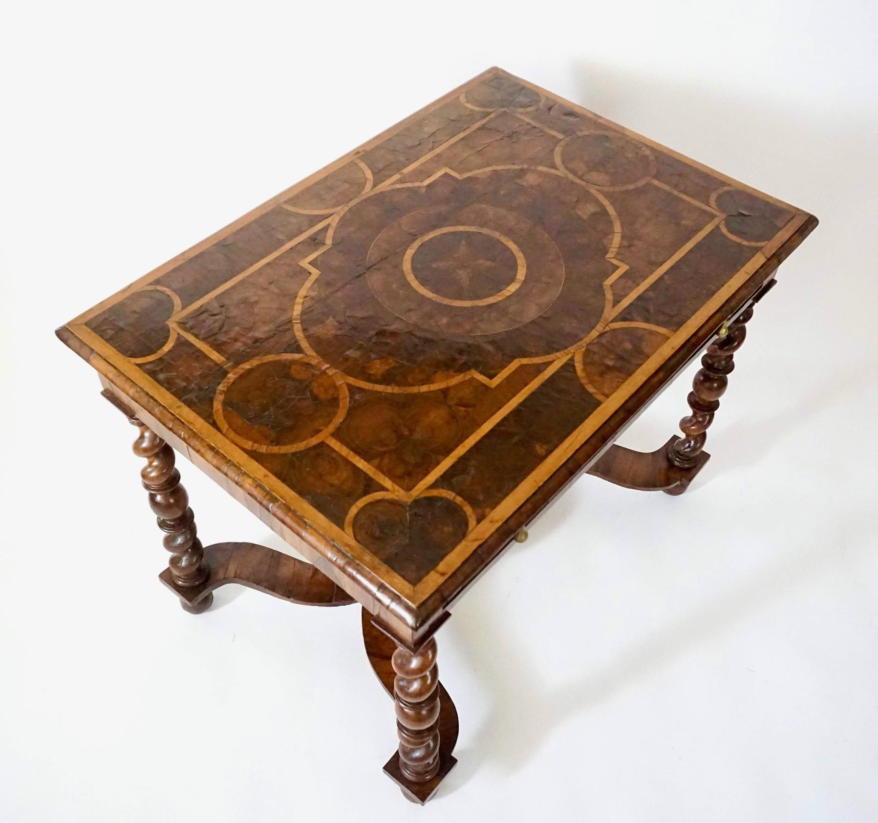 Brass English Charles II Olivewood Oyster Veneer Side Table, circa 1680 For Sale