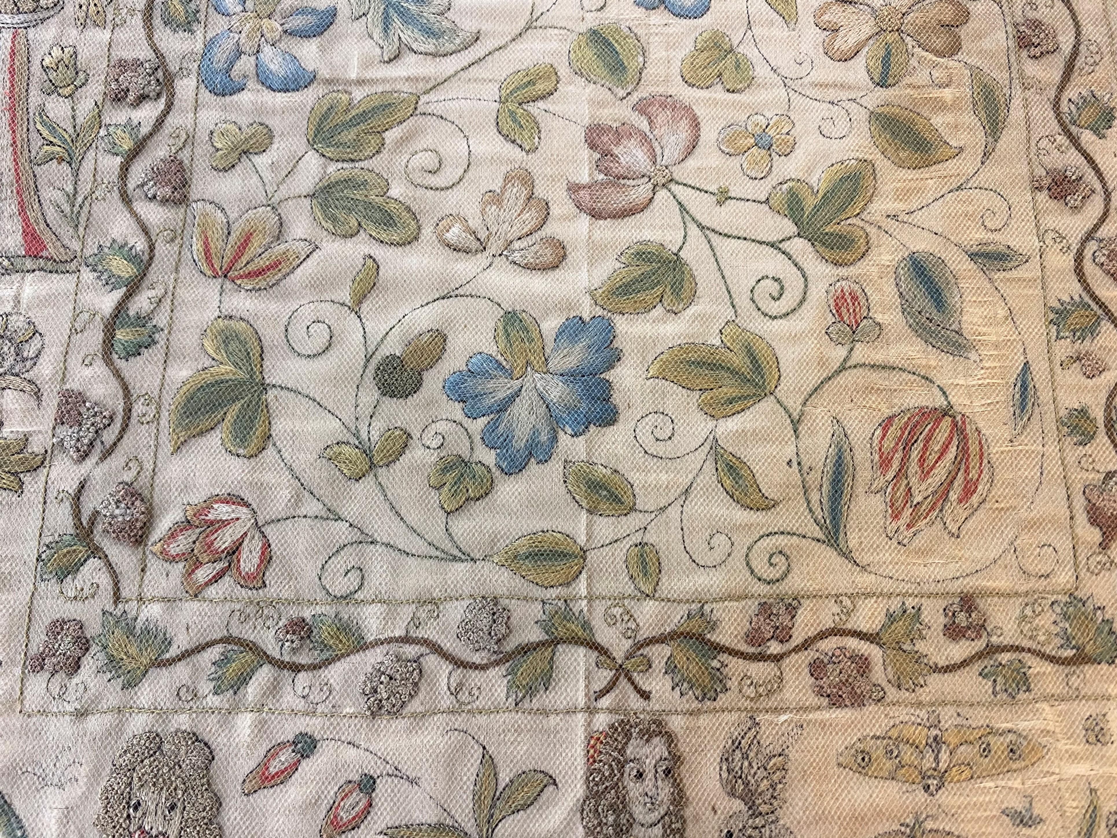 English Charles II Silk Needlework with Figures and Animals For Sale 6