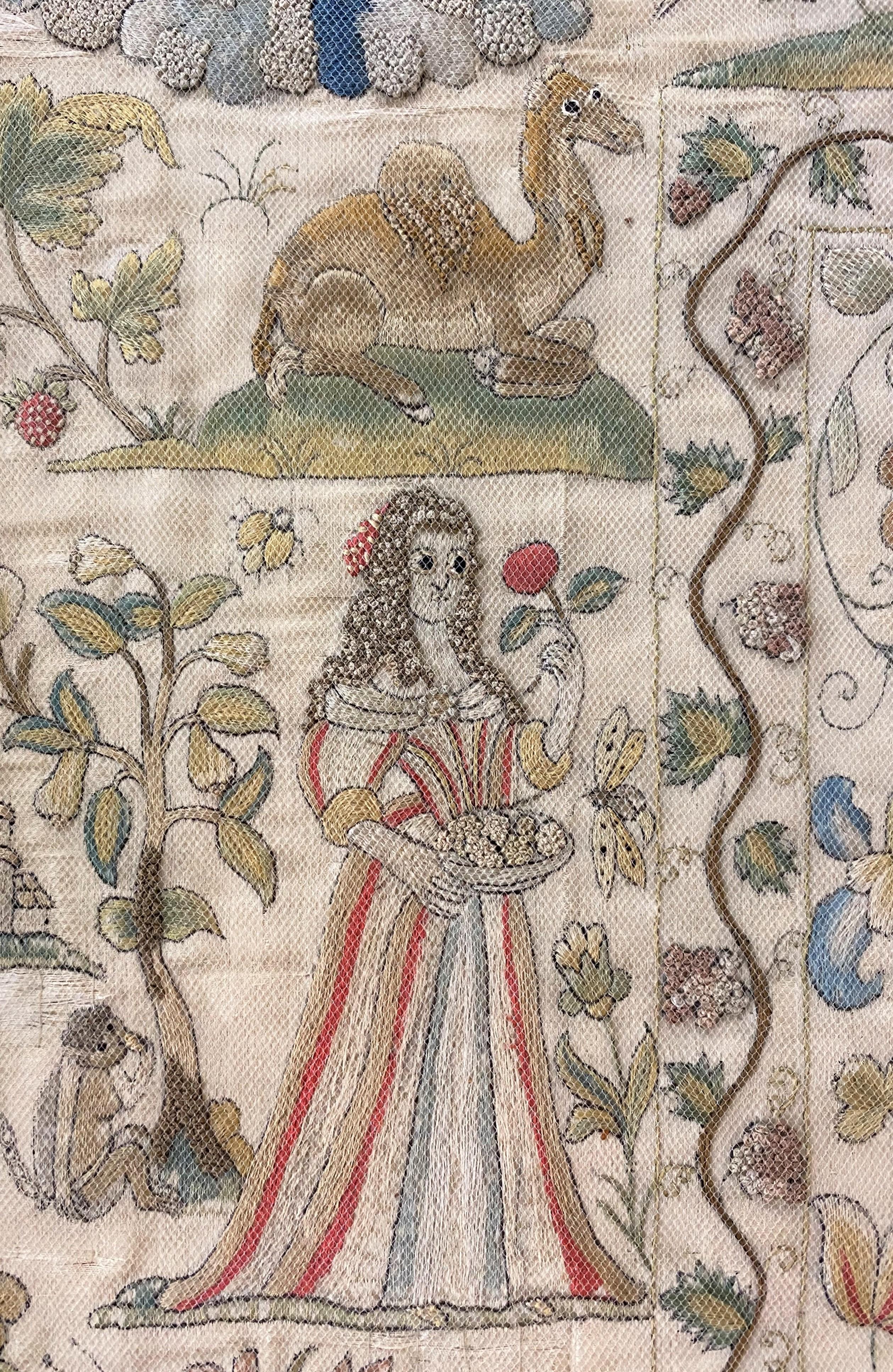 Mid-17th Century English Charles II Silk Needlework with Figures and Animals For Sale