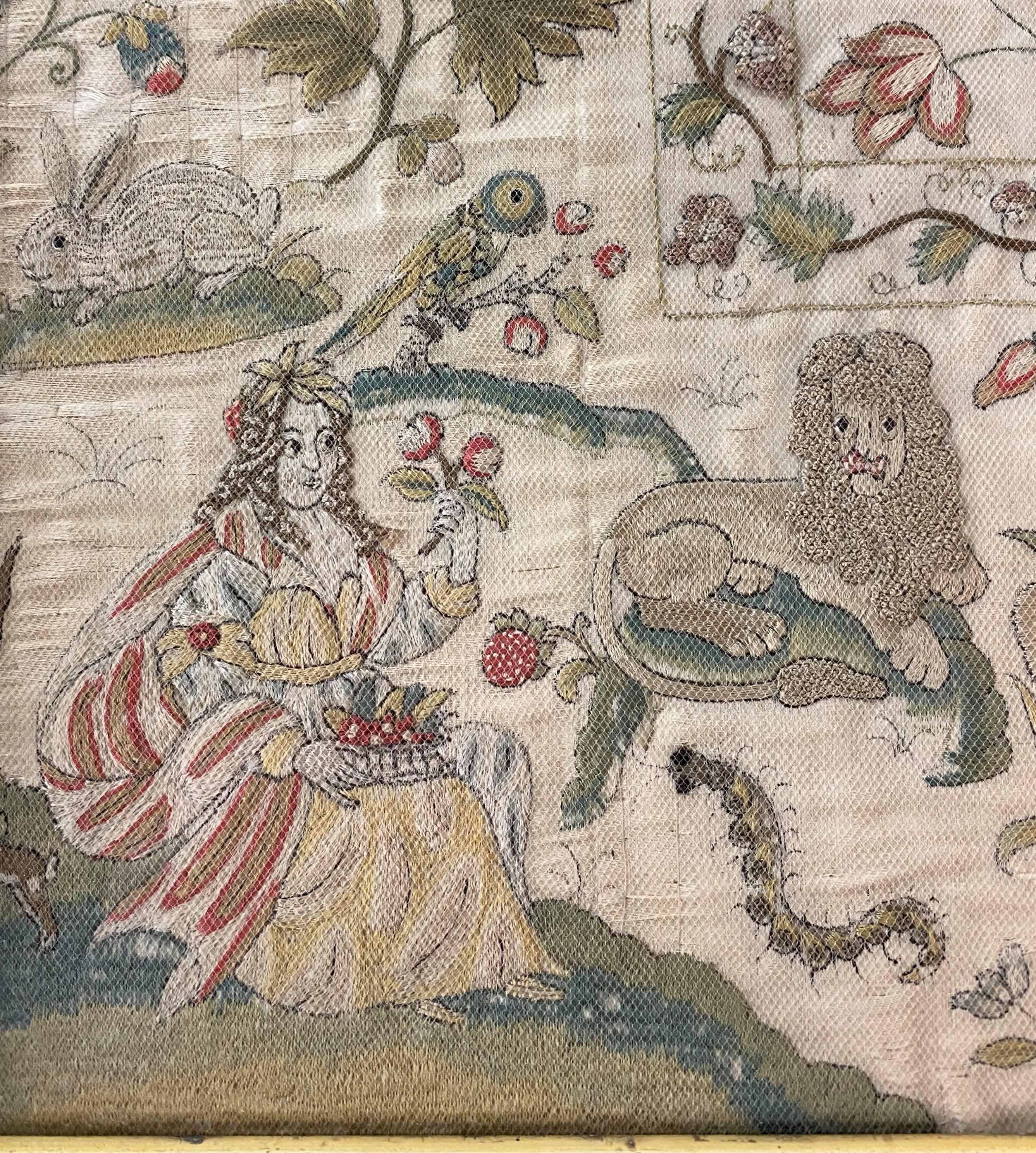 Englische Charles-II-Seidennadelstickerei mit Figuren und Tieren aus der Zeit Karls II. im Zustand „Gut“ im Angebot in Milford, NH