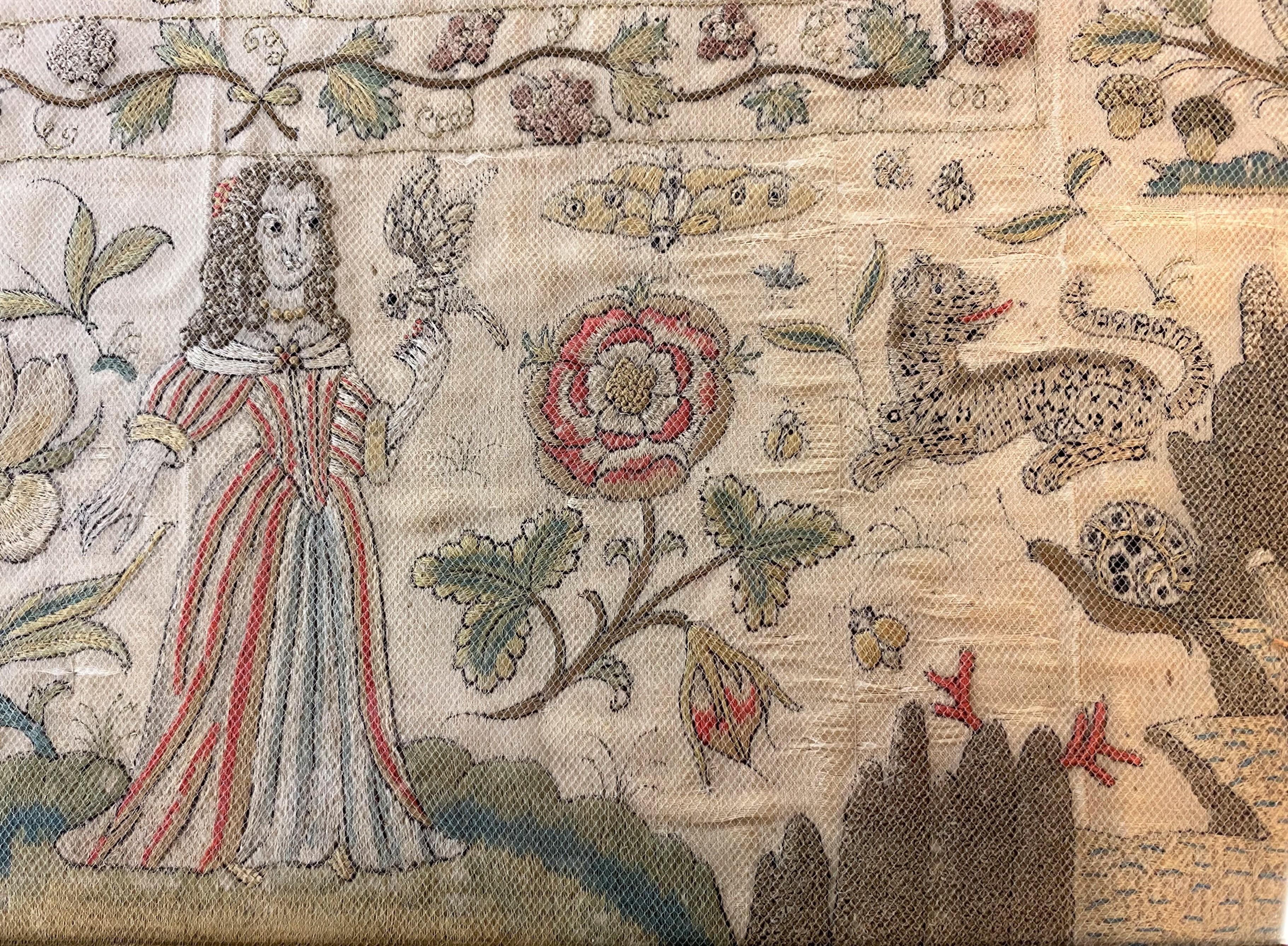 Englische Charles-II-Seidennadelstickerei mit Figuren und Tieren aus der Zeit Karls II. (Mitte 17. Jahrhundert) im Angebot