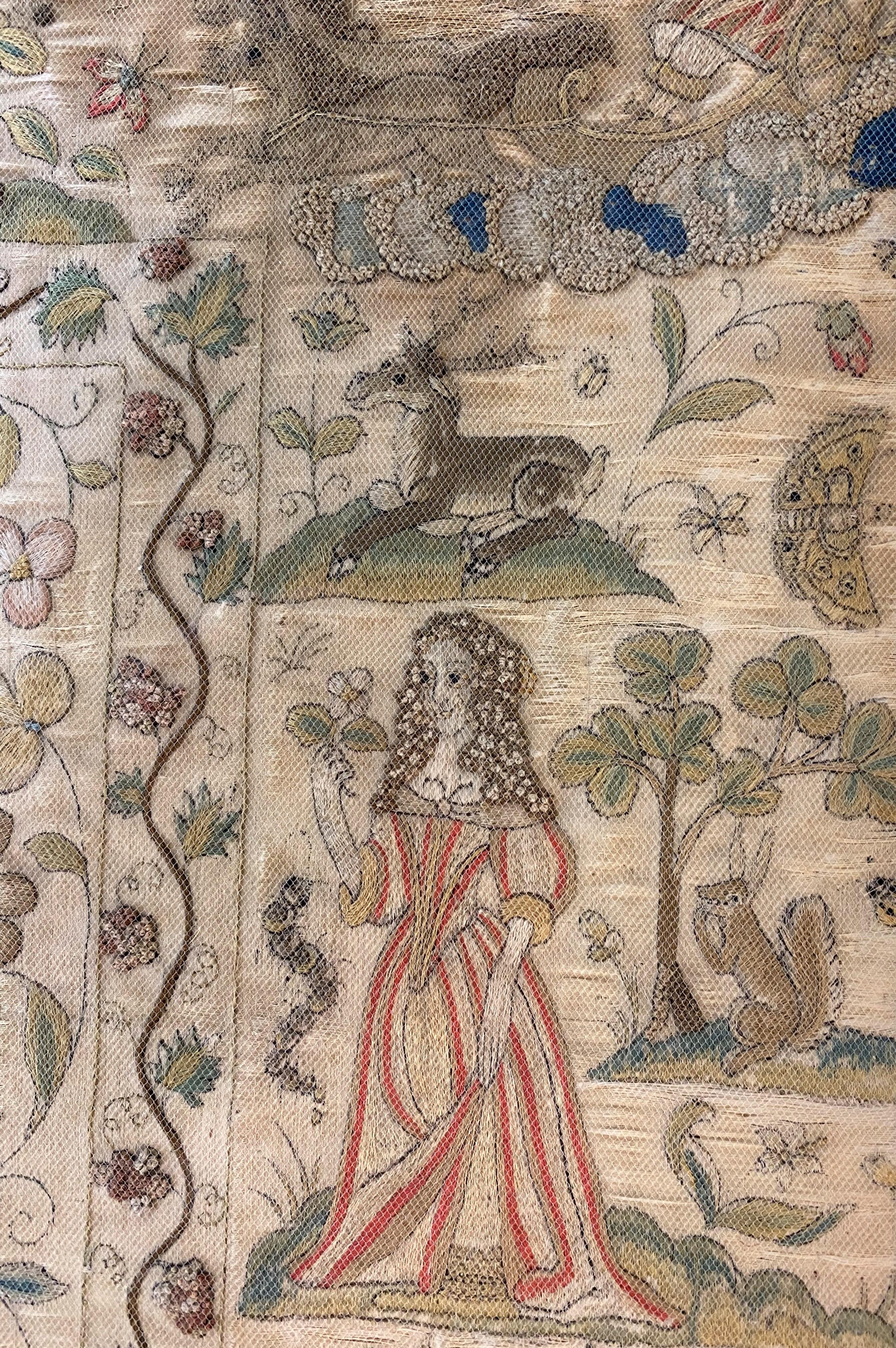English Charles II Silk Needlework with Figures and Animals For Sale 3