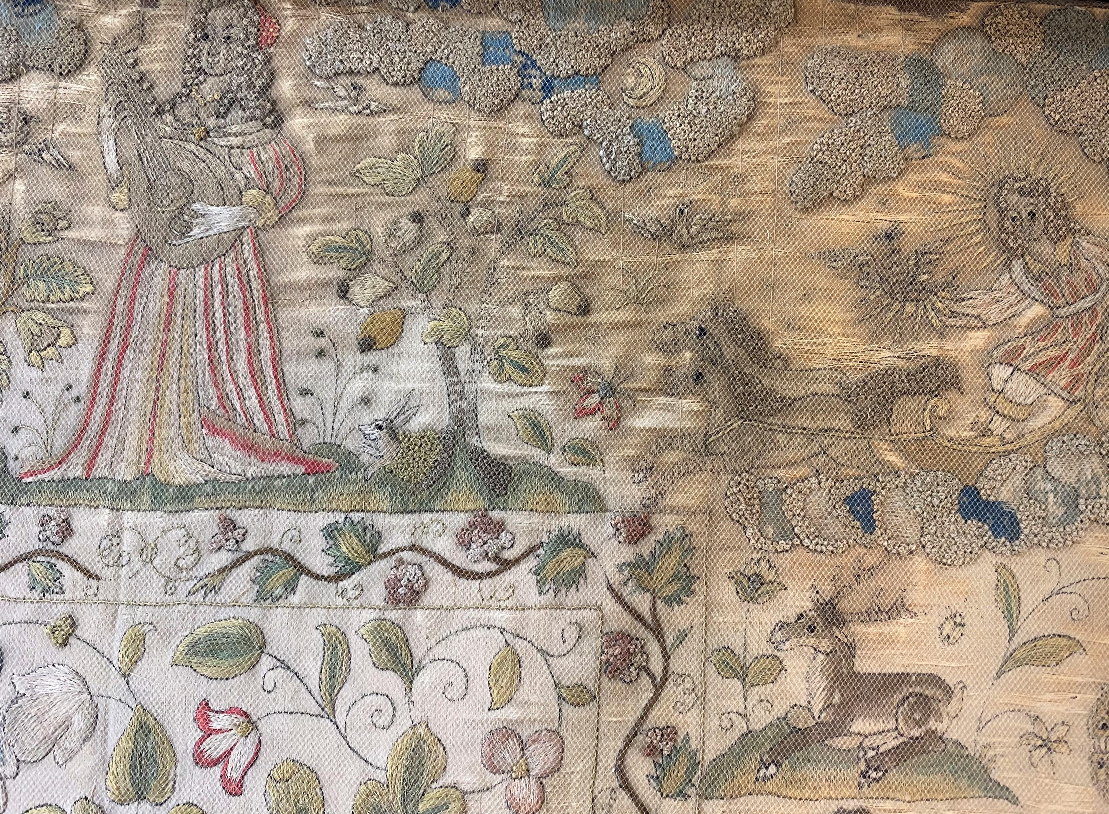 Englische Charles-II-Seidennadelstickerei mit Figuren und Tieren aus der Zeit Karls II. im Angebot 2