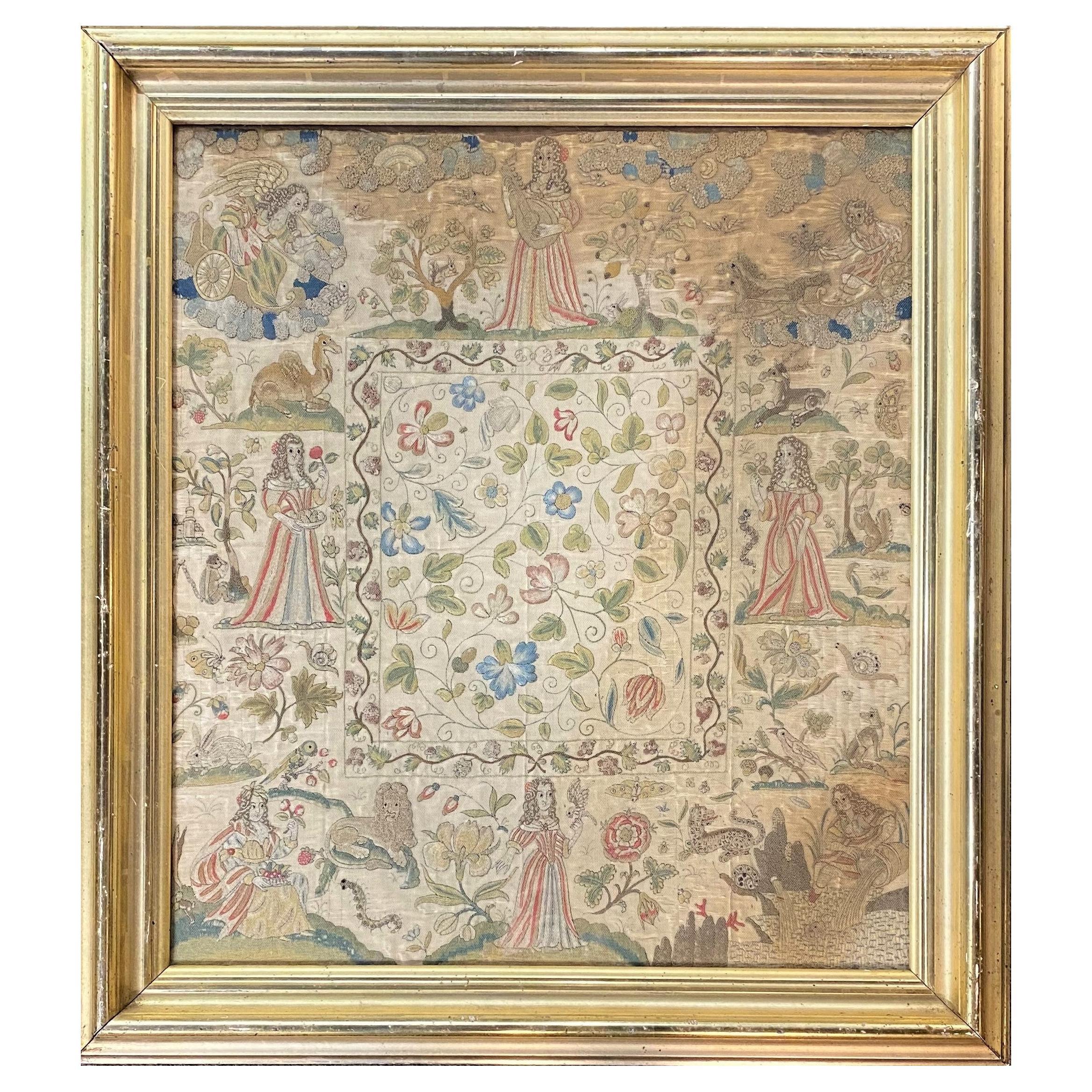 English Charles II Silk Needlework with Figures and Animals For Sale
