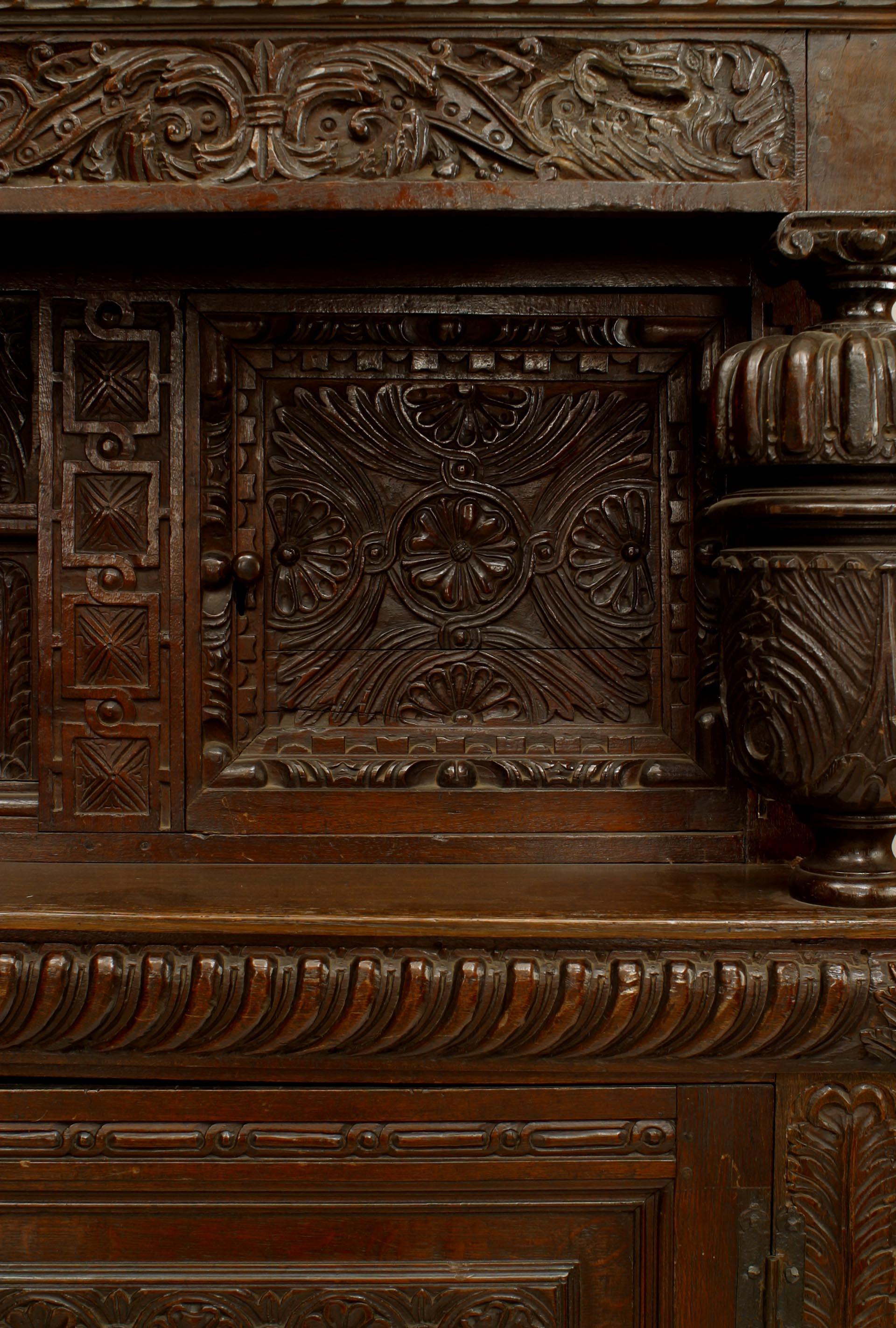 Hand-Carved English Charles II Style Oak Cupboard For Sale