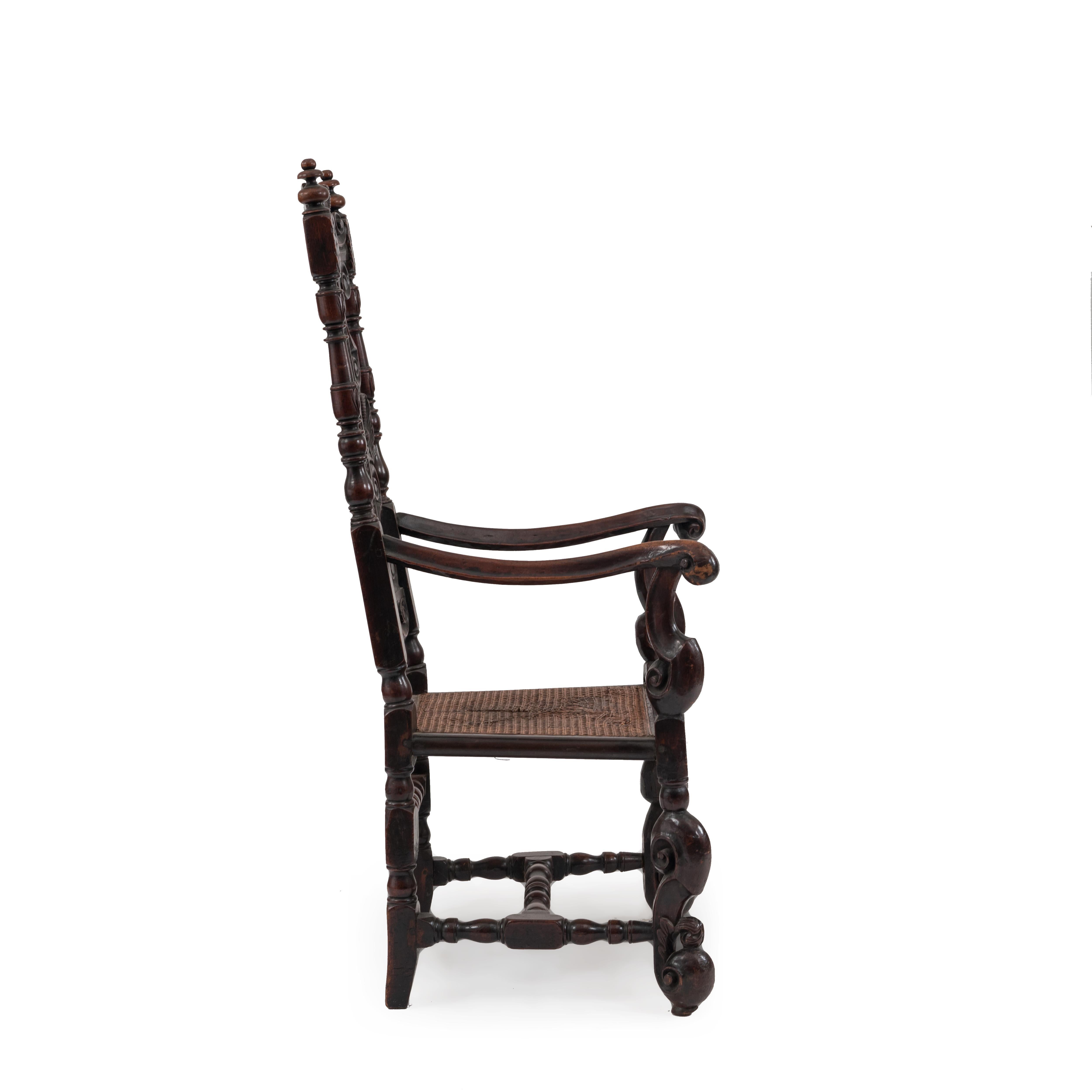 Jacobean English Charles II Walnut Arm Chair For Sale