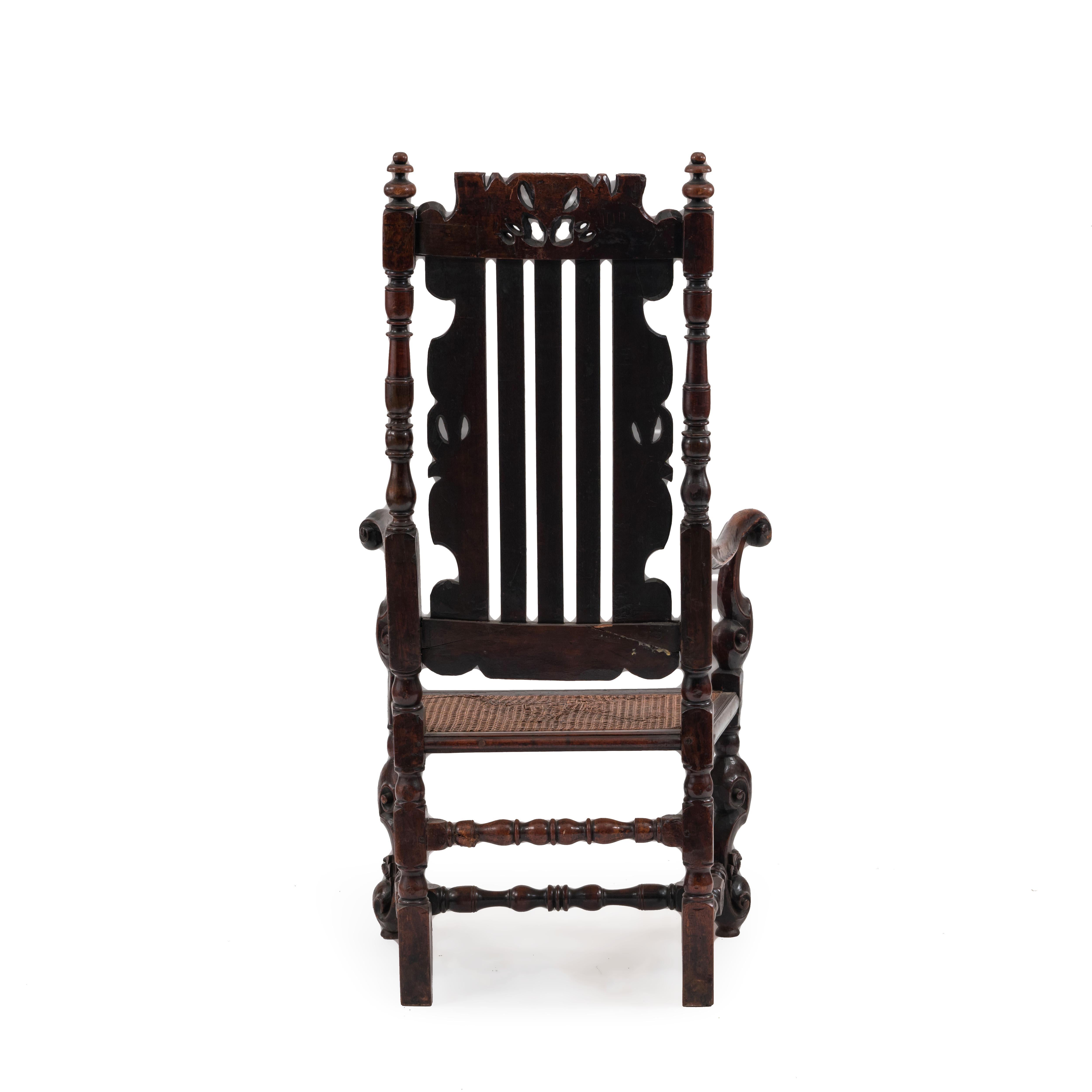 Carved English Charles II Walnut Armchair For Sale
