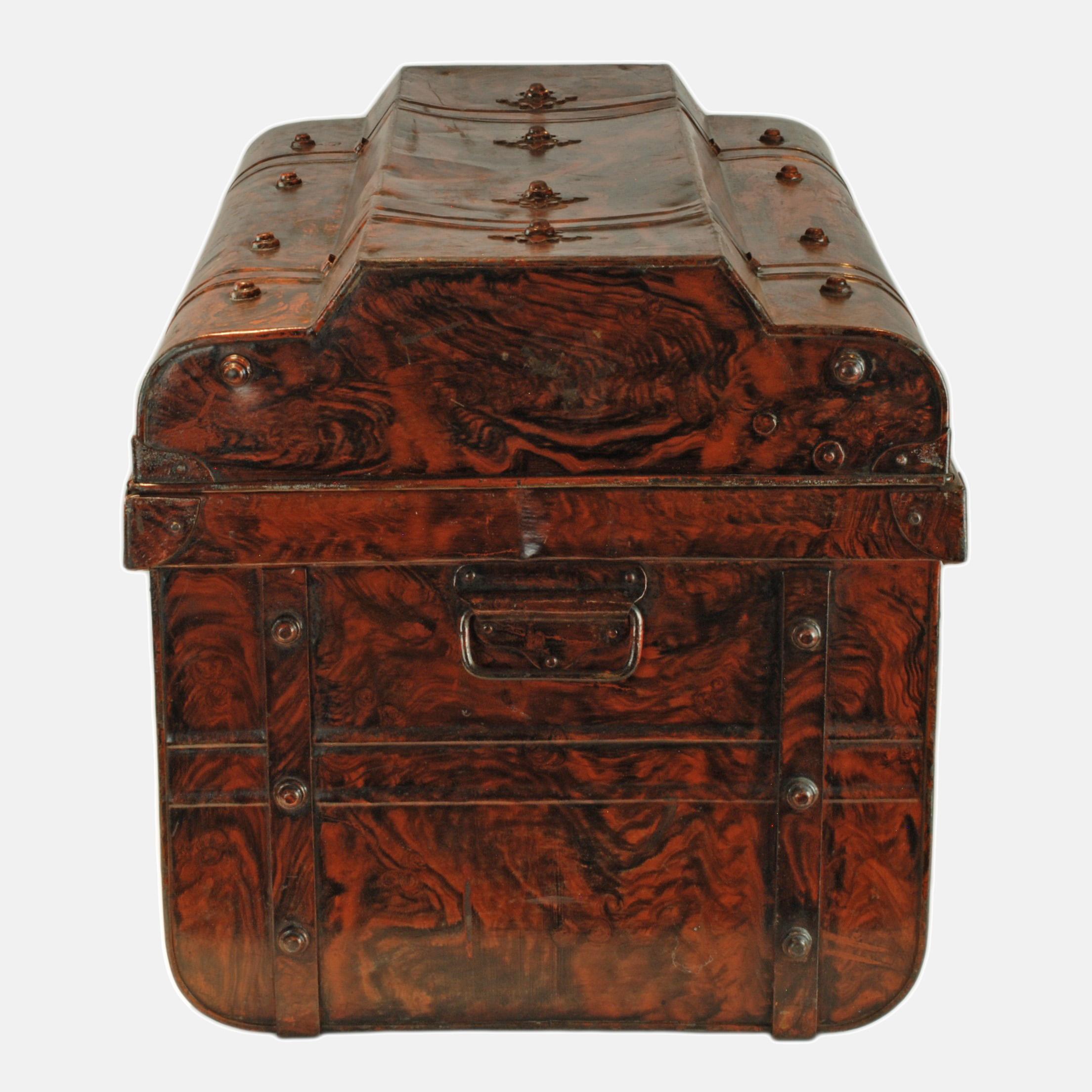Edwardian English Chatham & Wilkes Faux Bois Steel Steamer Trunk J & E Bates Brass Latch For Sale