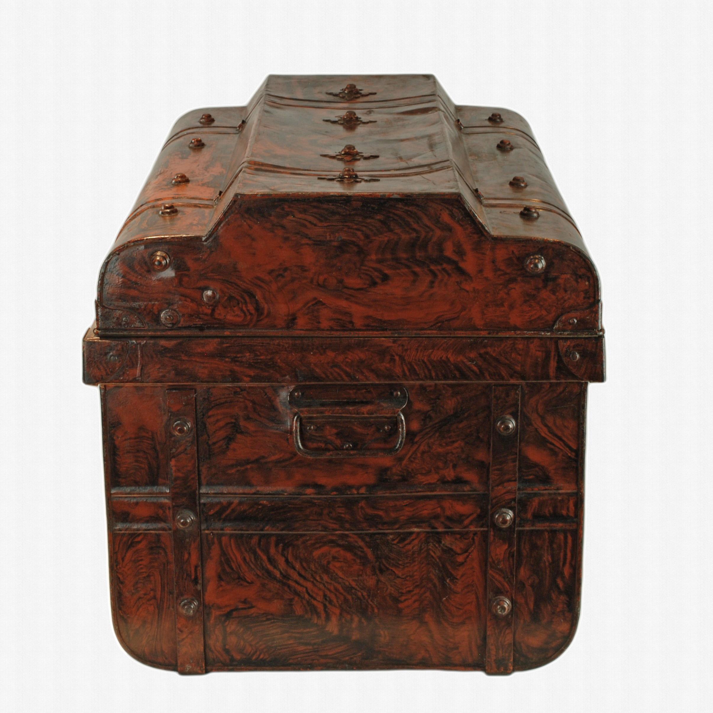 Early 20th Century English Chatham & Wilkes Faux Bois Steel Steamer Trunk J & E Bates Brass Latch For Sale