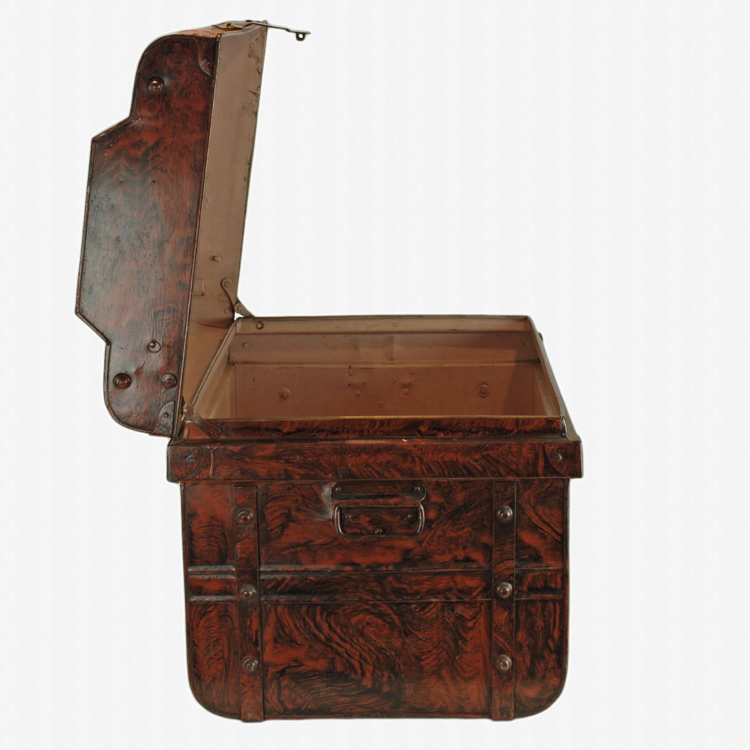English Chatham & Wilkes Faux Bois Steel Steamer Trunk J & E Bates Brass Latch For Sale 1