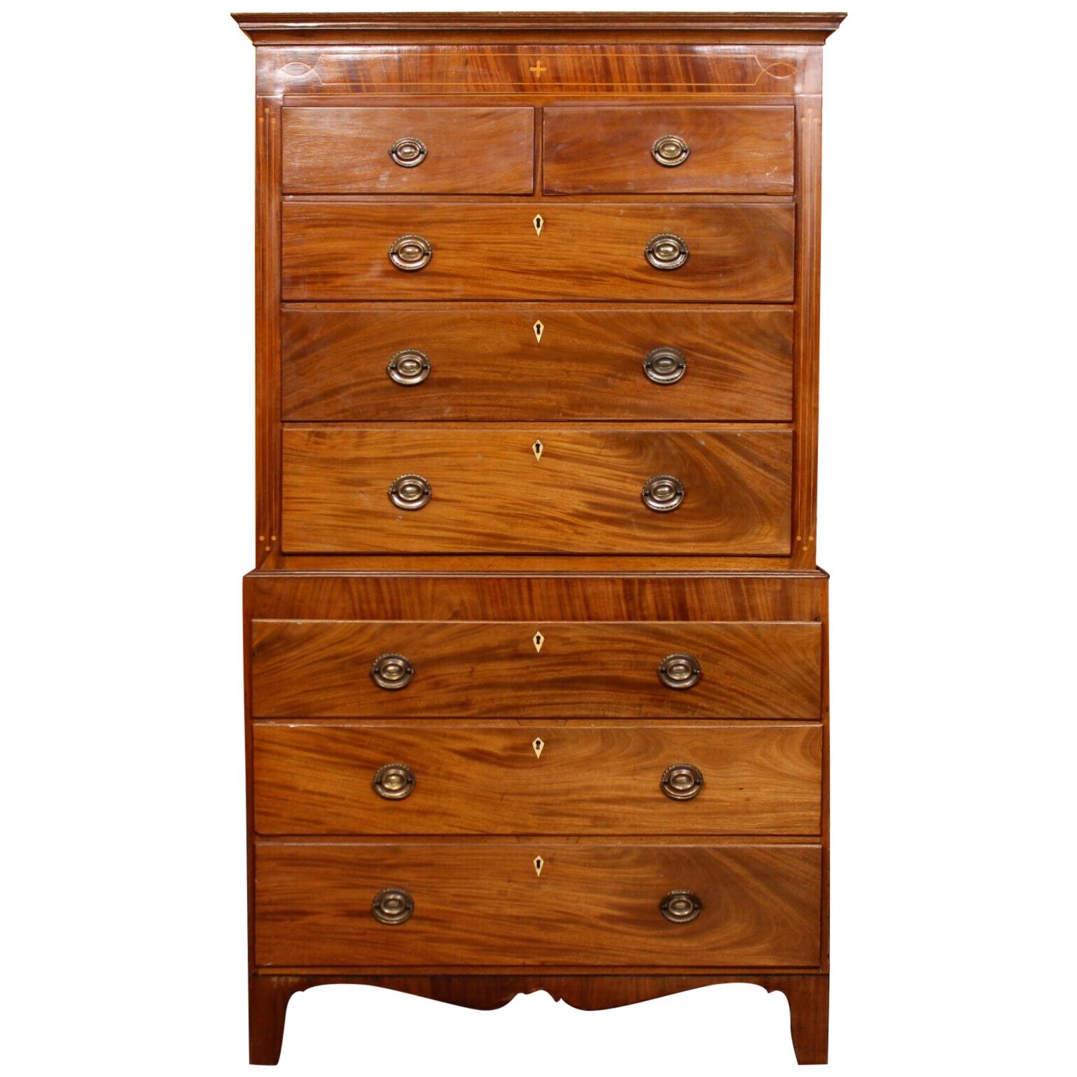 English Chest on Chest of Drawers 19th Century Inlaid Mahogany For Sale