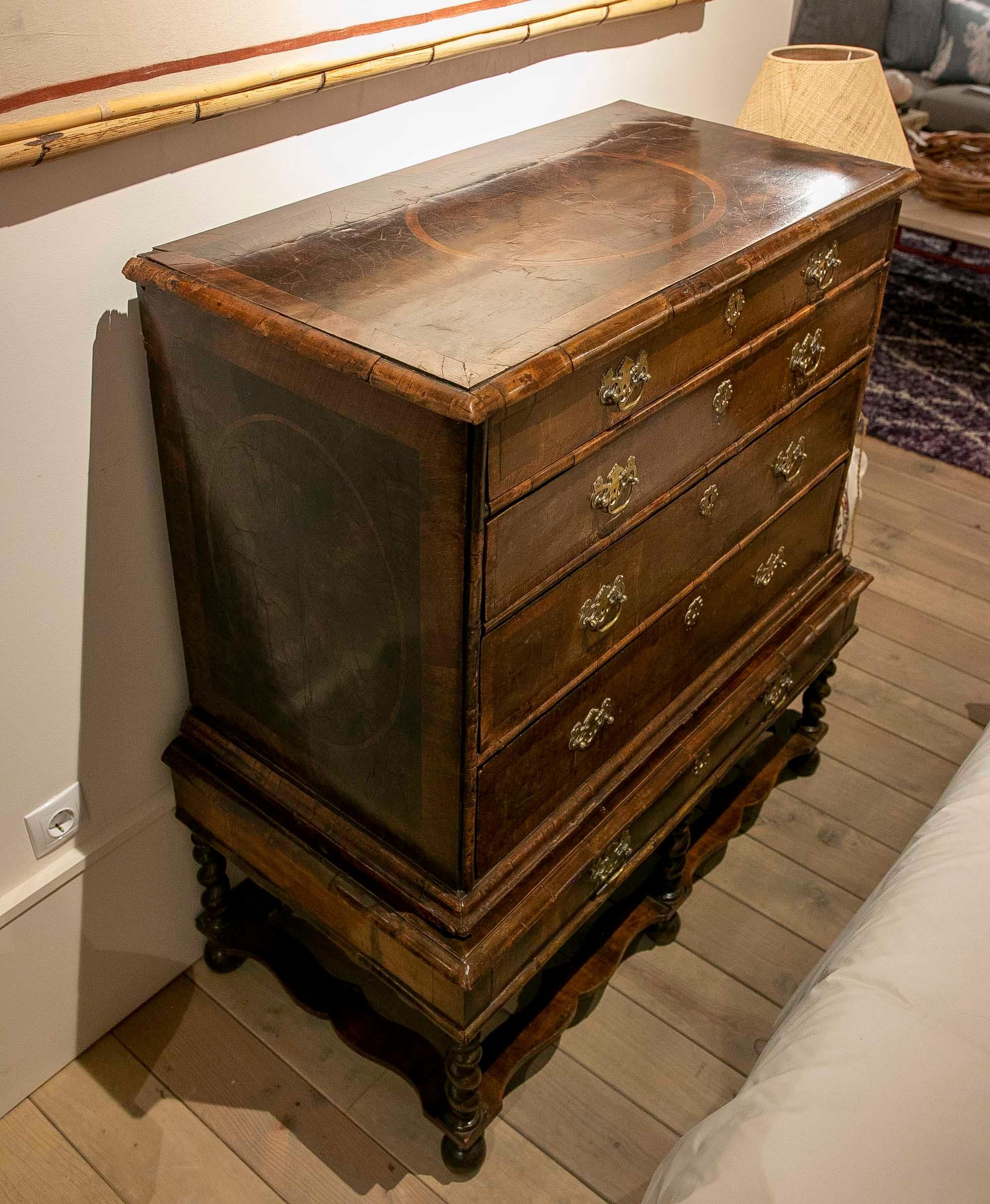 18th Century and Earlier English Chest with Footboard and Drawers on Top and Bronze Fittings For Sale