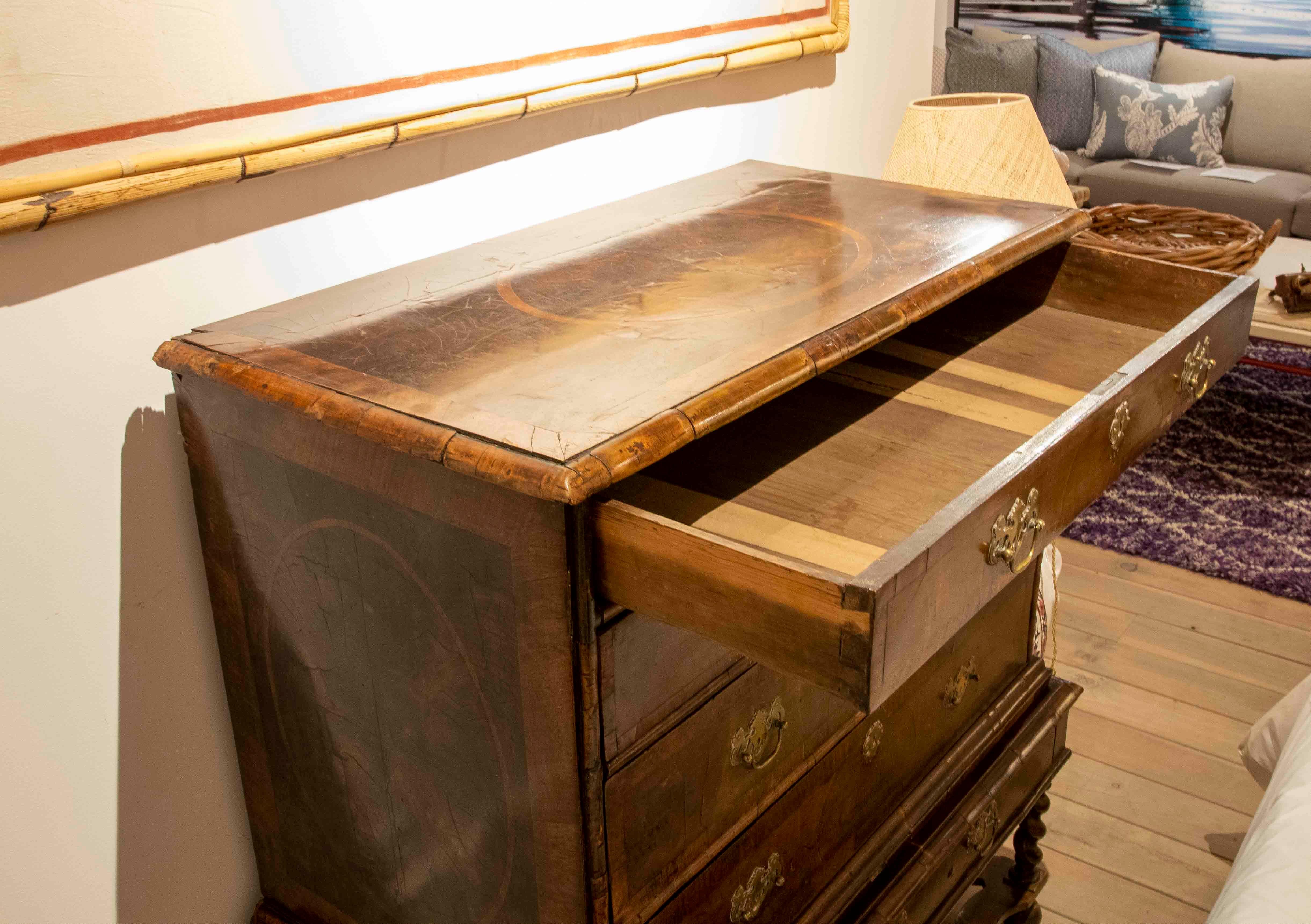 English Chest with Footboard and Drawers on Top and Bronze Fittings For Sale 1