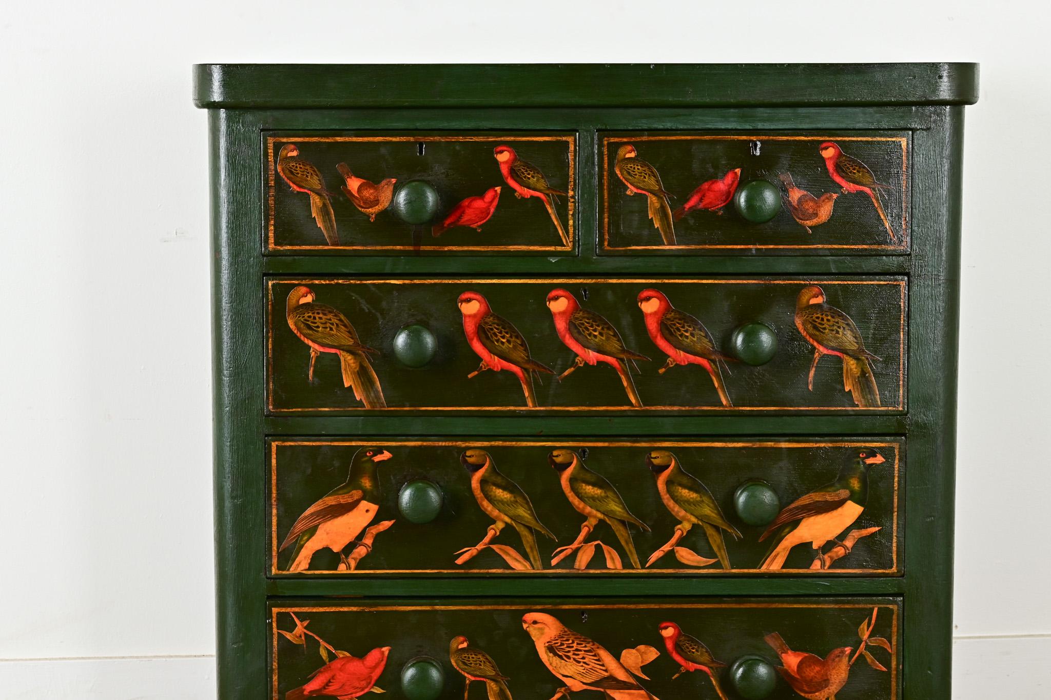 Hand-Carved English Chest with Parakeet Decoupage