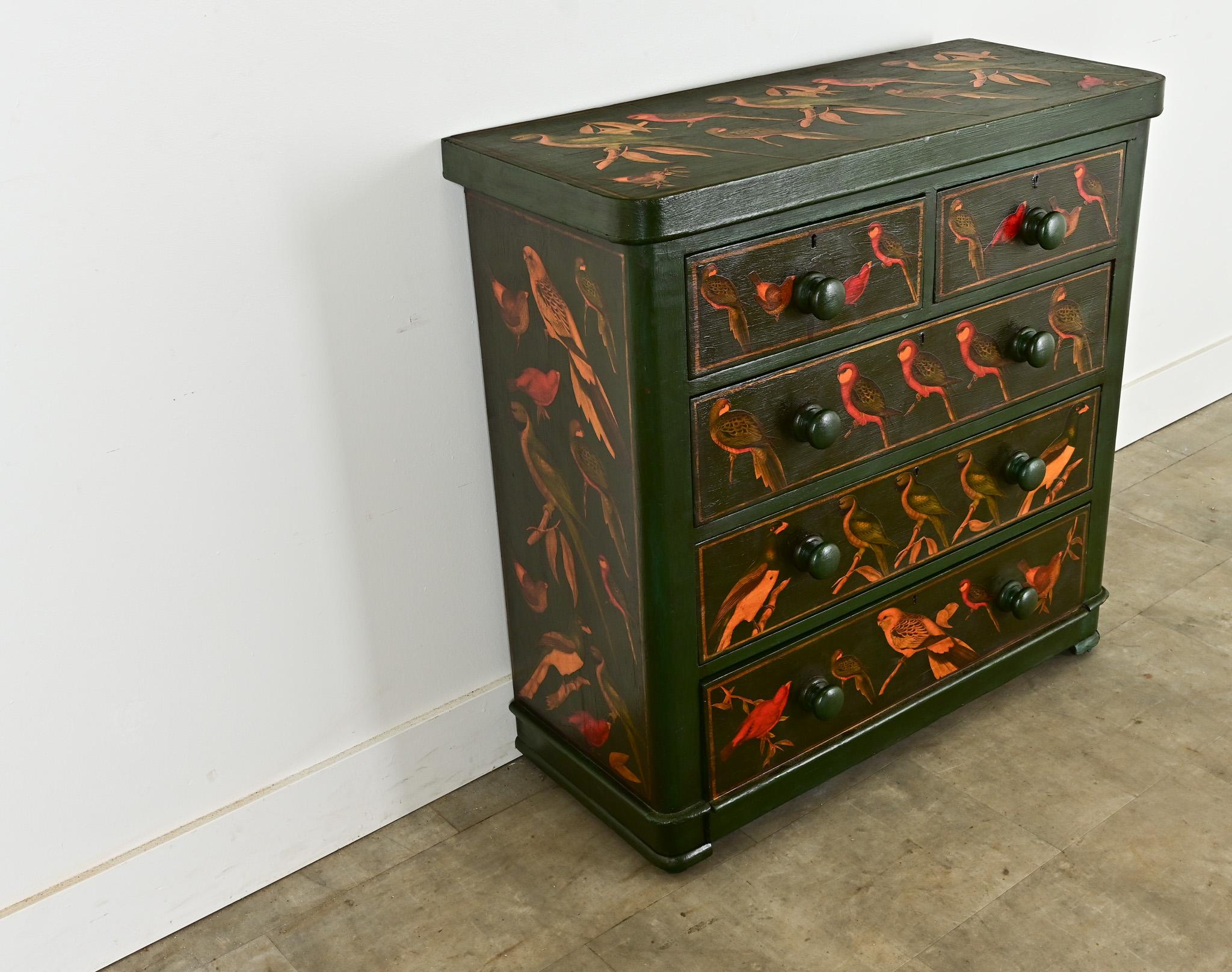 19th Century English Chest with Parakeet Decoupage