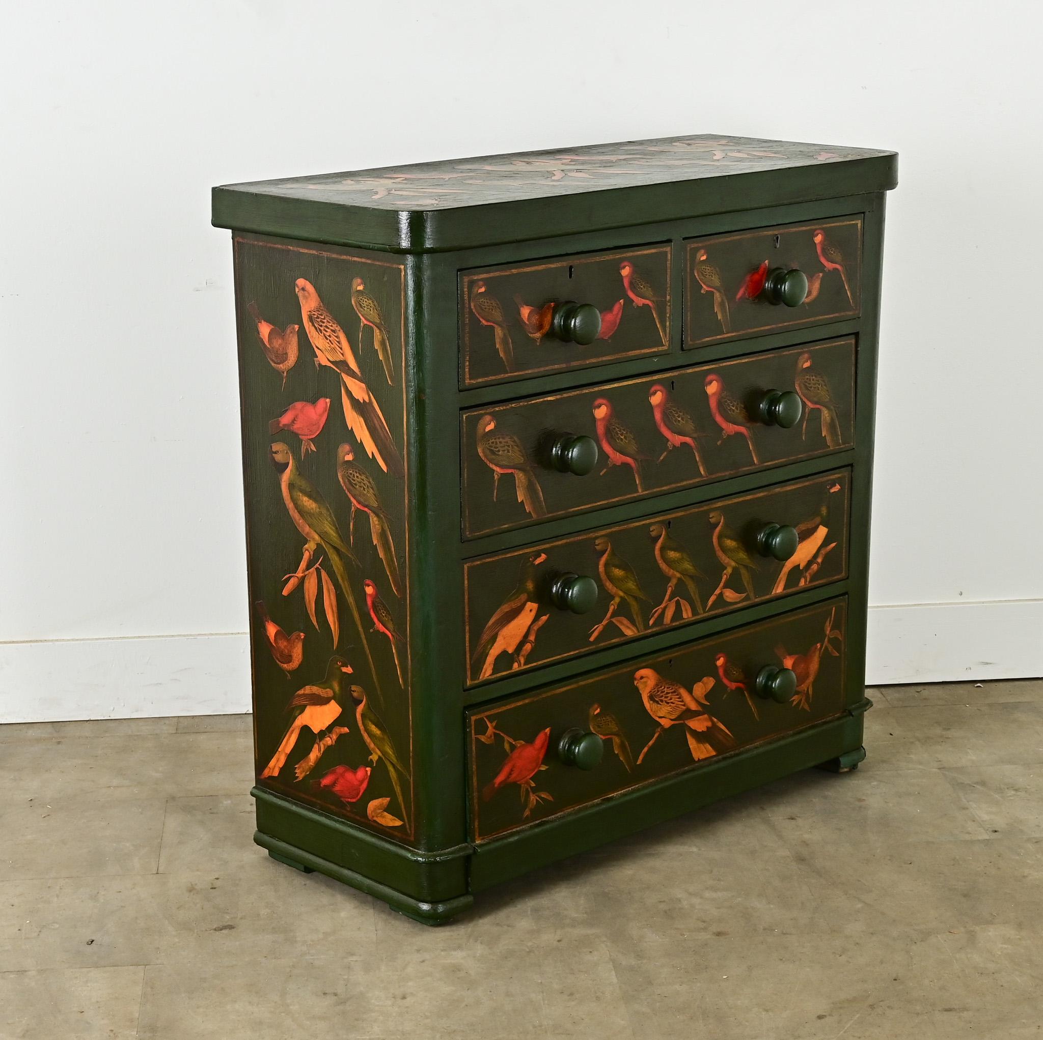 Wood English Chest with Parakeet Decoupage