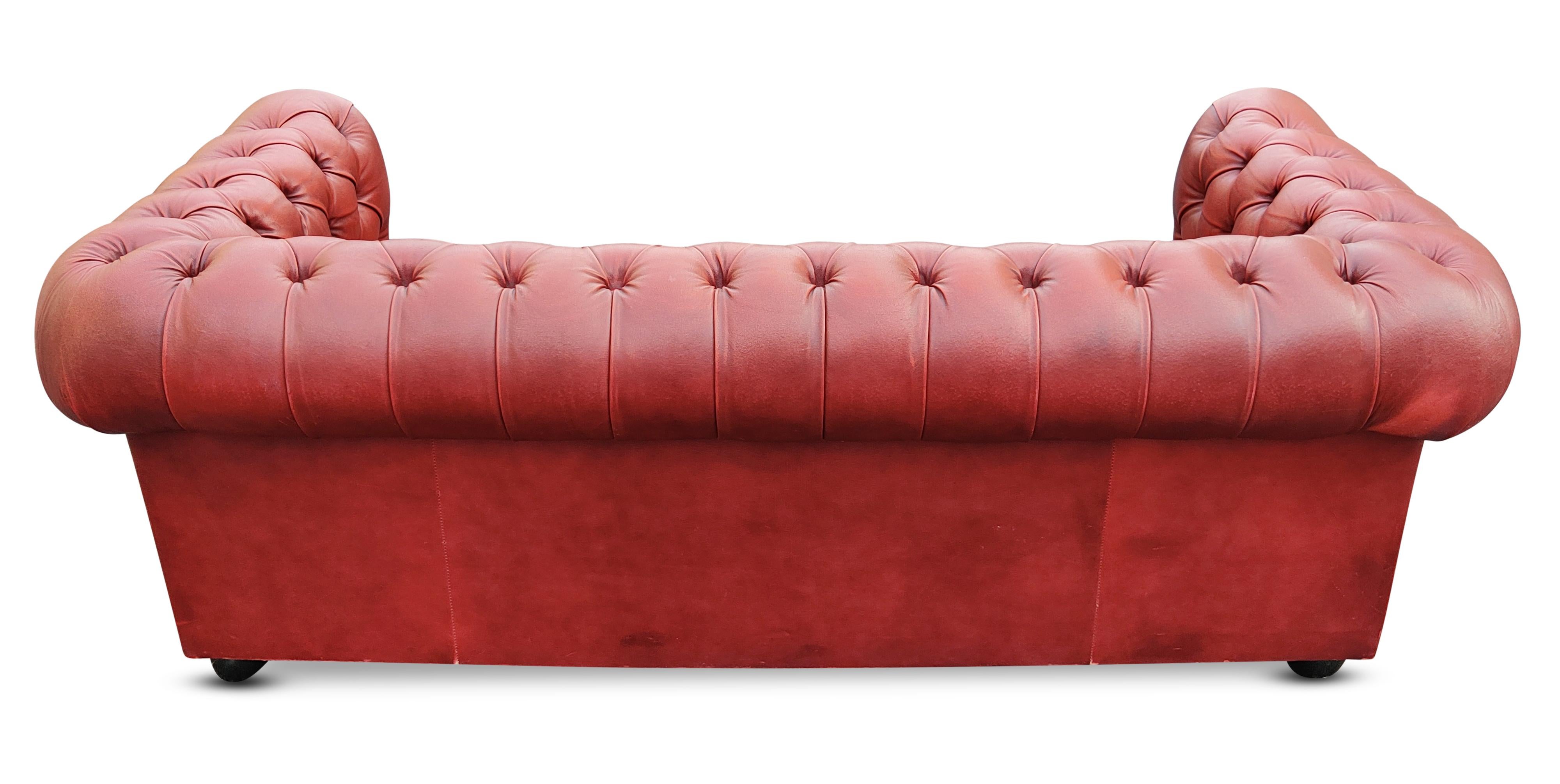 Brass English Chesterfield Cardovian Oxblood Tufted Leather Sofa