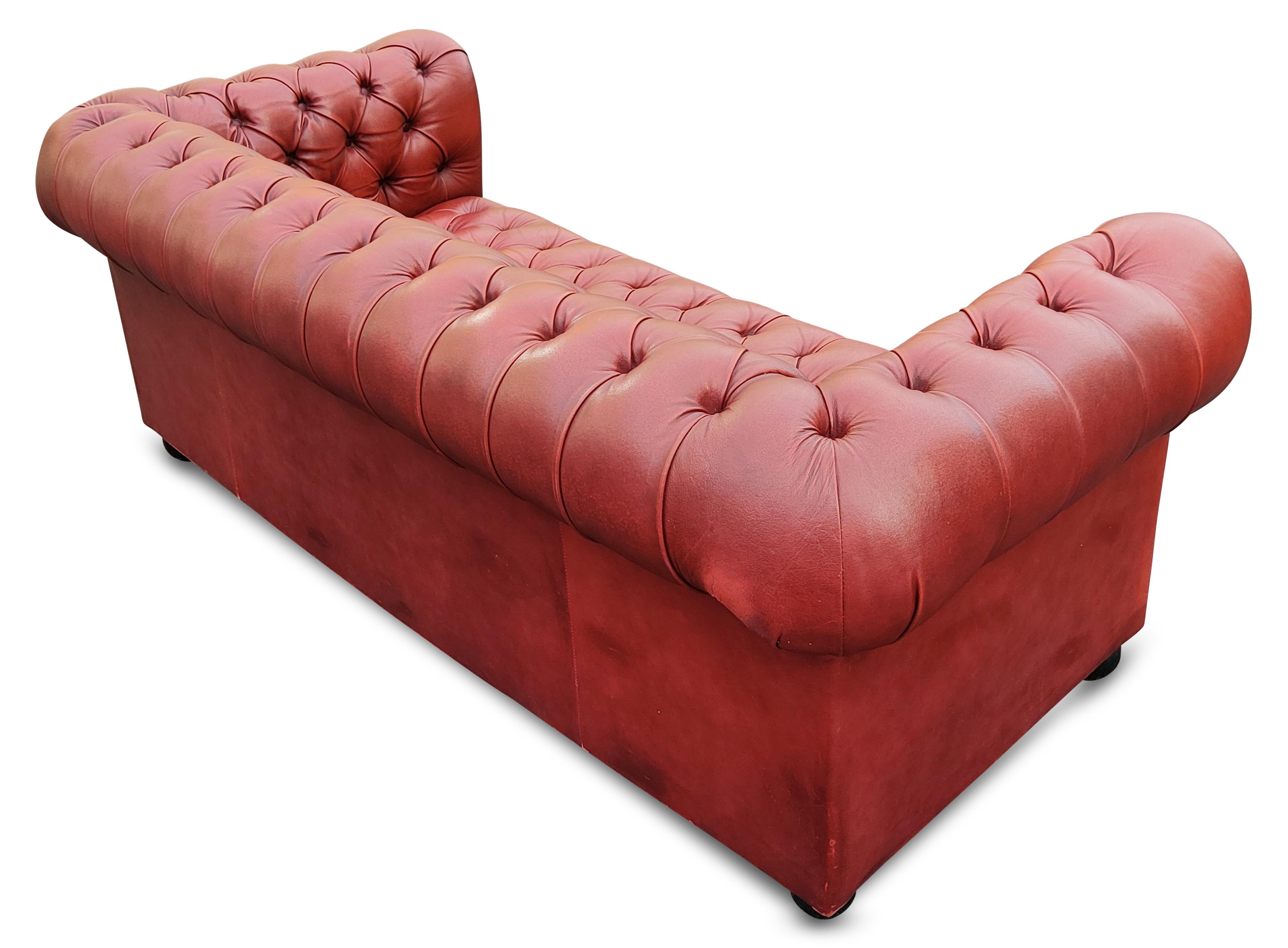 English Chesterfield Cardovian Oxblood Tufted Leather Sofa 1