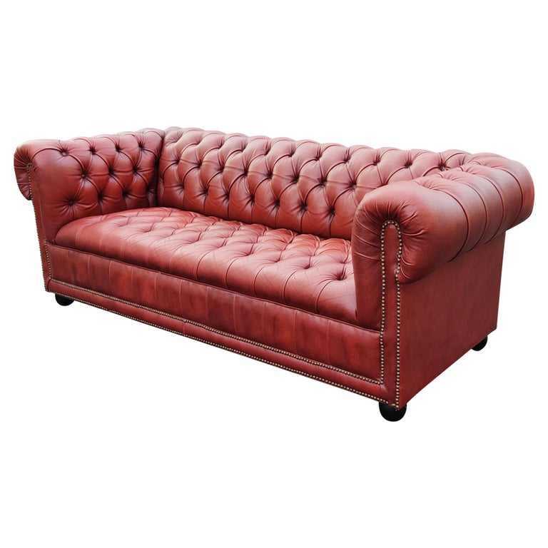 English Chesterfield Cardovian Oxblood Tufted Leather Sofa For Sale at