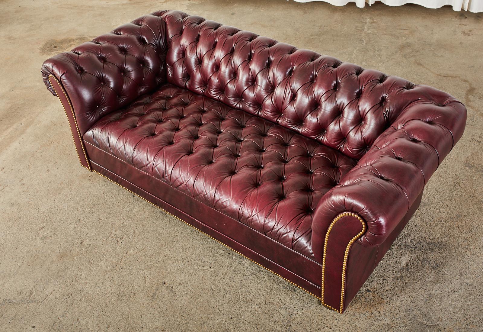 English Chesterfield Cordovan Oxblood Tufted Leather Sofa 1