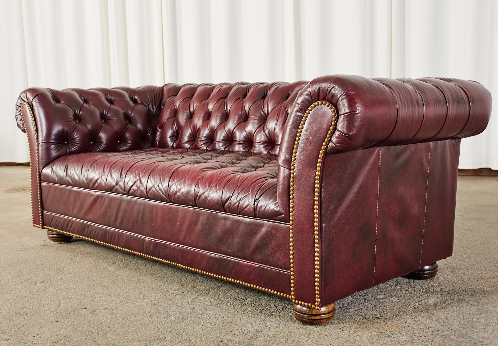 English Chesterfield Cordovan Oxblood Tufted Leather Sofa 3