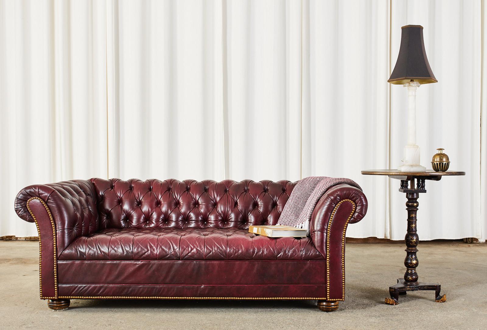 English Chesterfield Cordovan Oxblood Tufted Leather Sofa 6