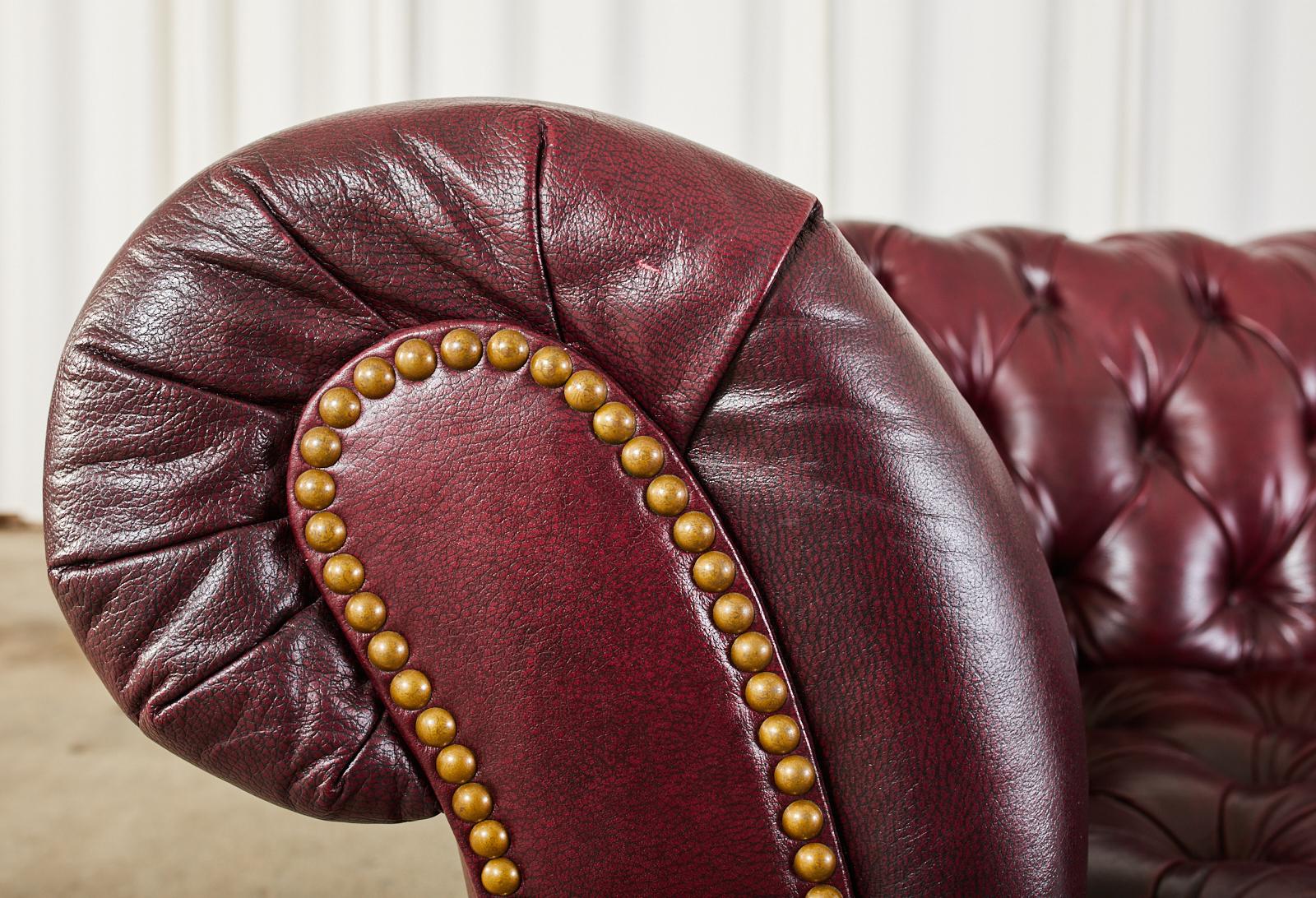 Brass English Chesterfield Cordovan Oxblood Tufted Leather Sofa