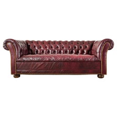 Vintage English Chesterfield Cordovan Oxblood Tufted Leather Sofa